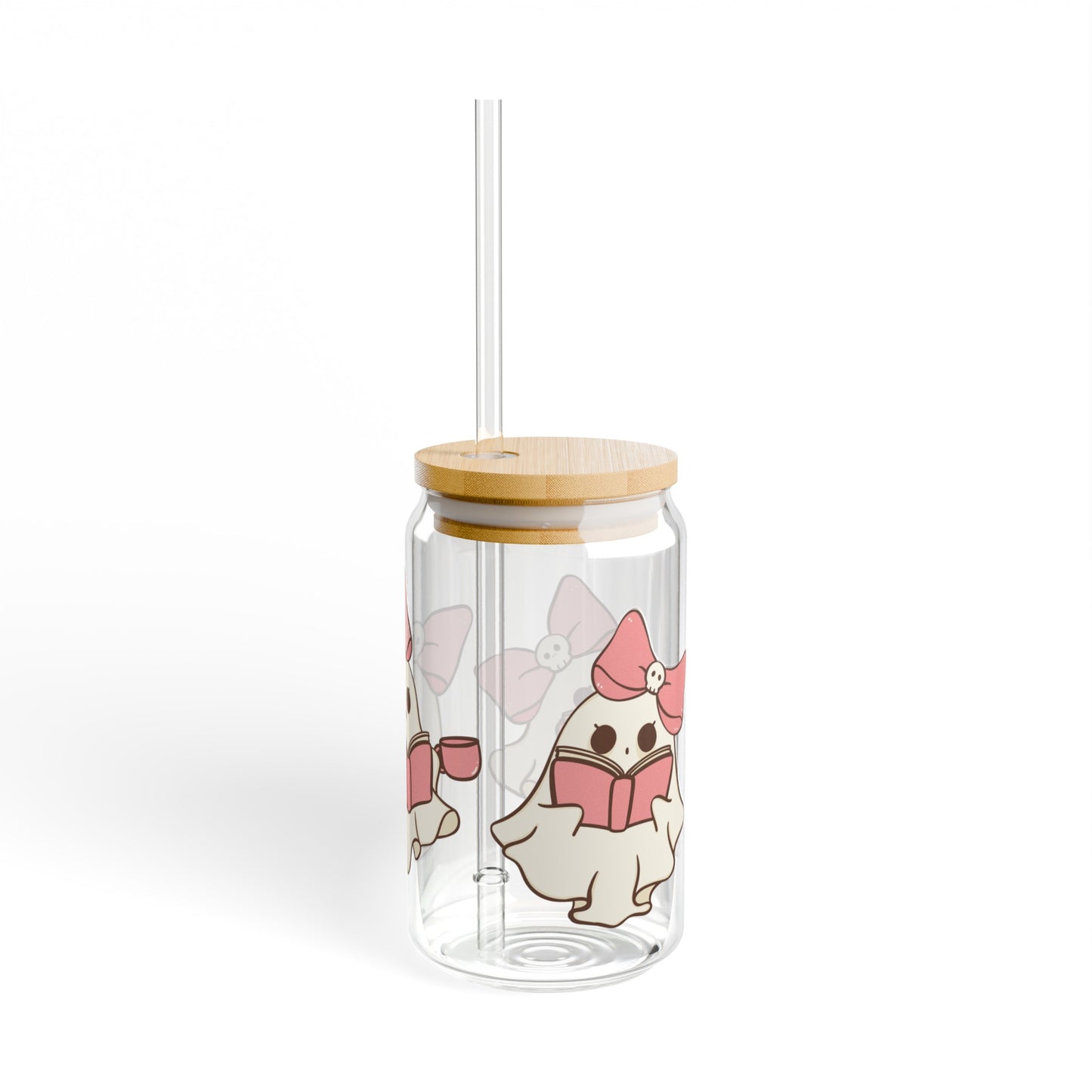 Pink Book Ghost 16oz Glass Can with Lid and Straw