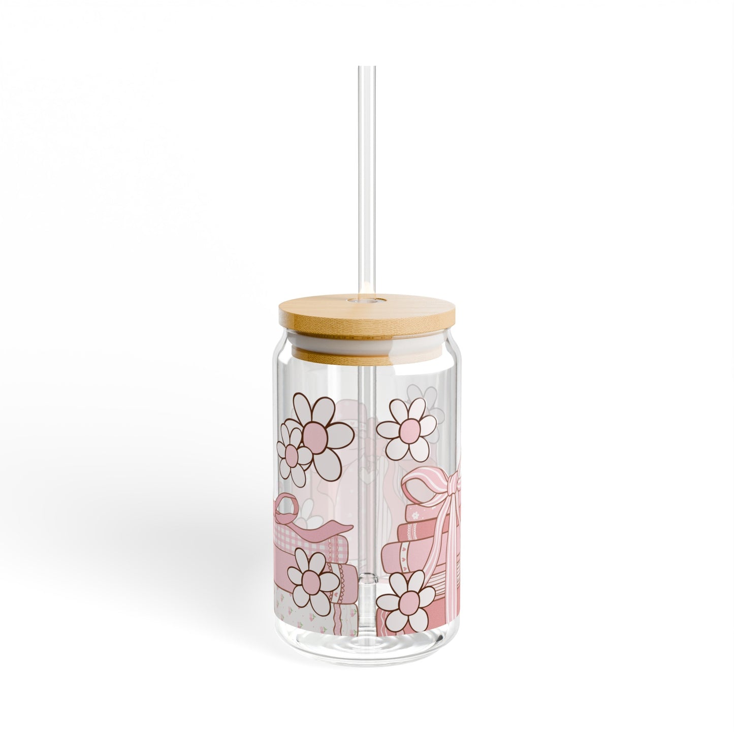 Pink Book Lover 16oz Glass Can with Lid and Straw