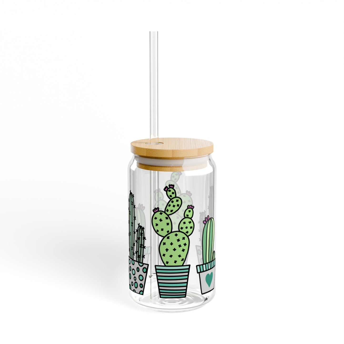 Cute Cactus 16oz Glass Can with Lid and Straw