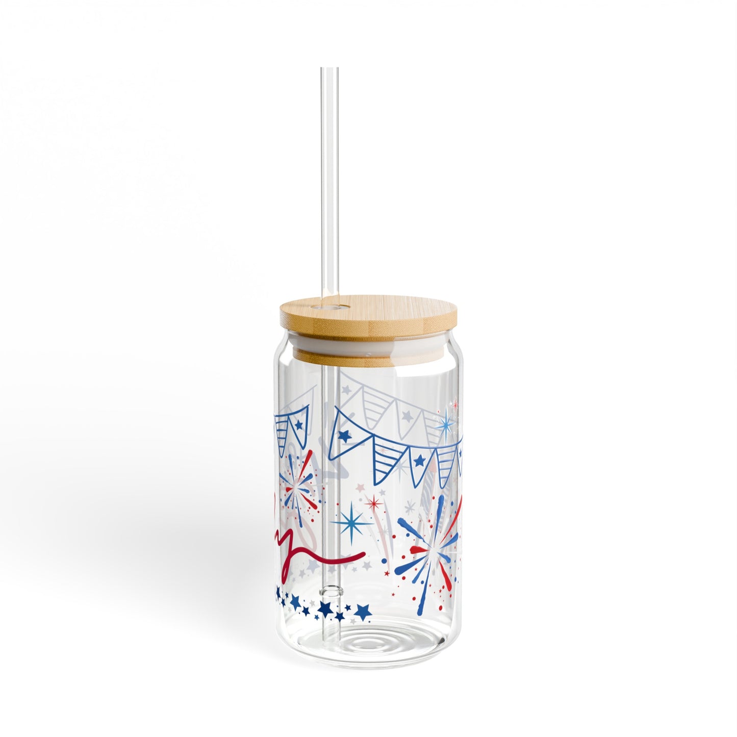Forth of July Road 16oz Glass Can with Lid and Straw
