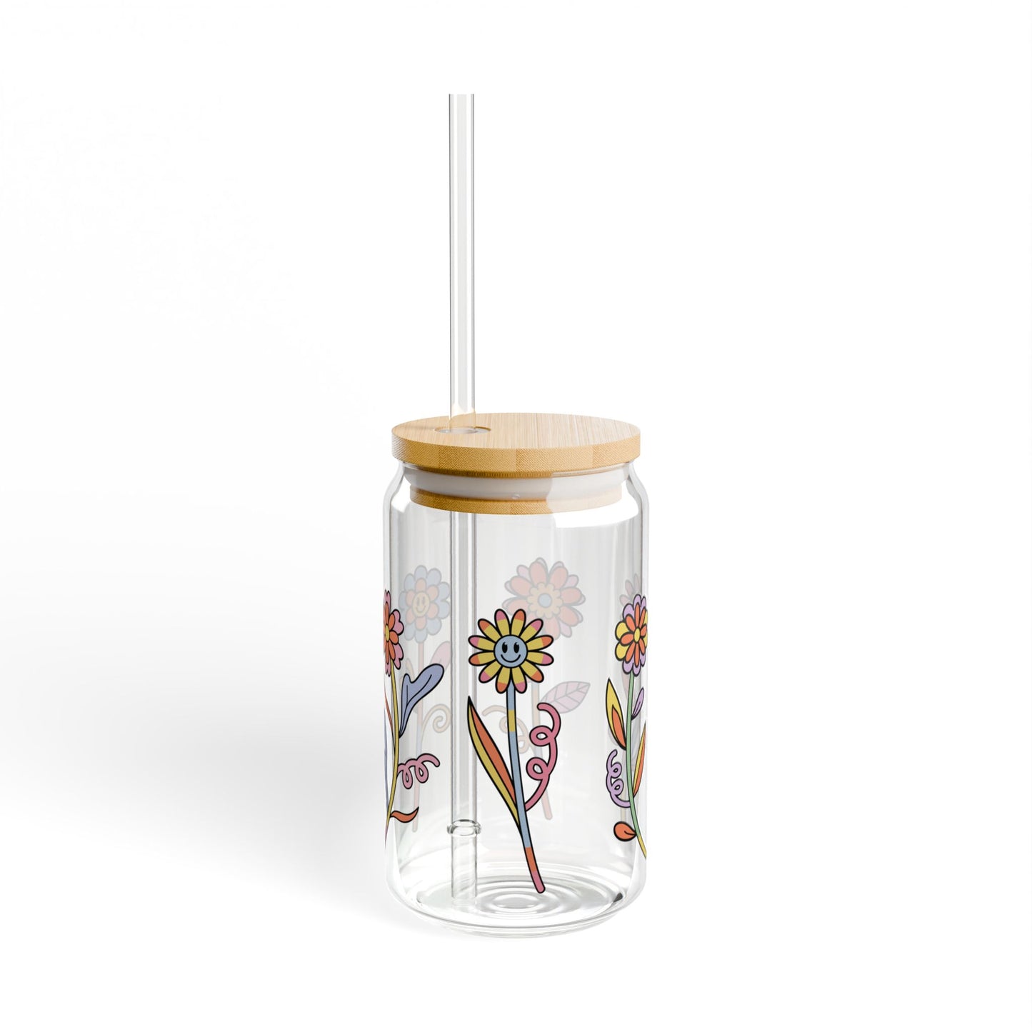 Cute Flower 16oz Glass Can with Lid and Straw