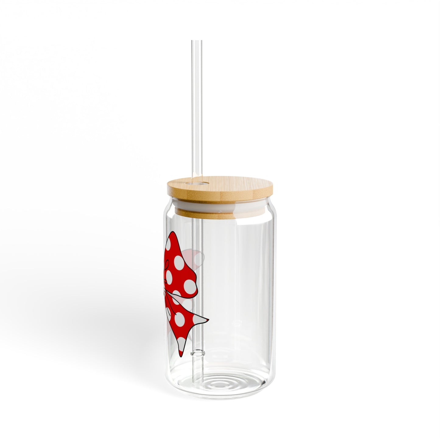 Red Polka Dot Bow 16oz Glass Can with Lid and Straw