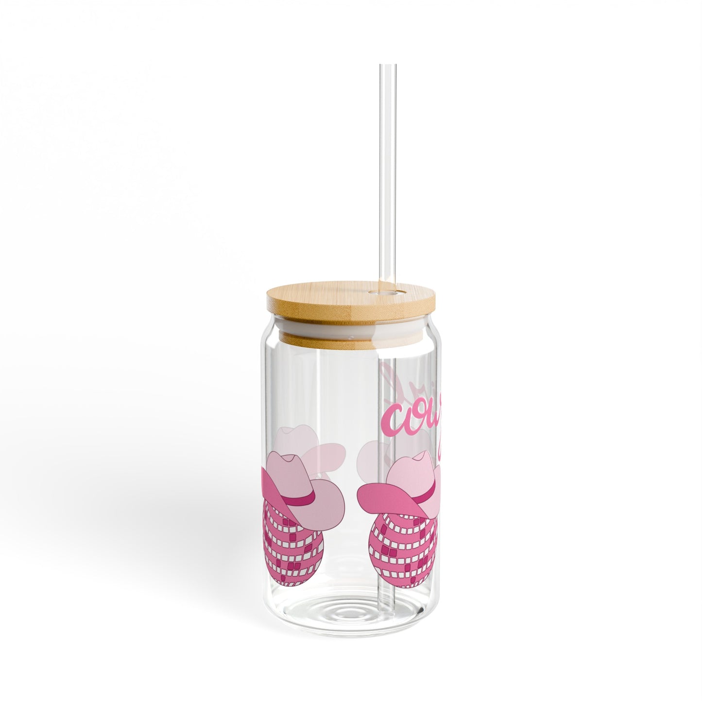 Cowgirl Disco Cowboy Hat 16oz Glass Can with Lid and Straw