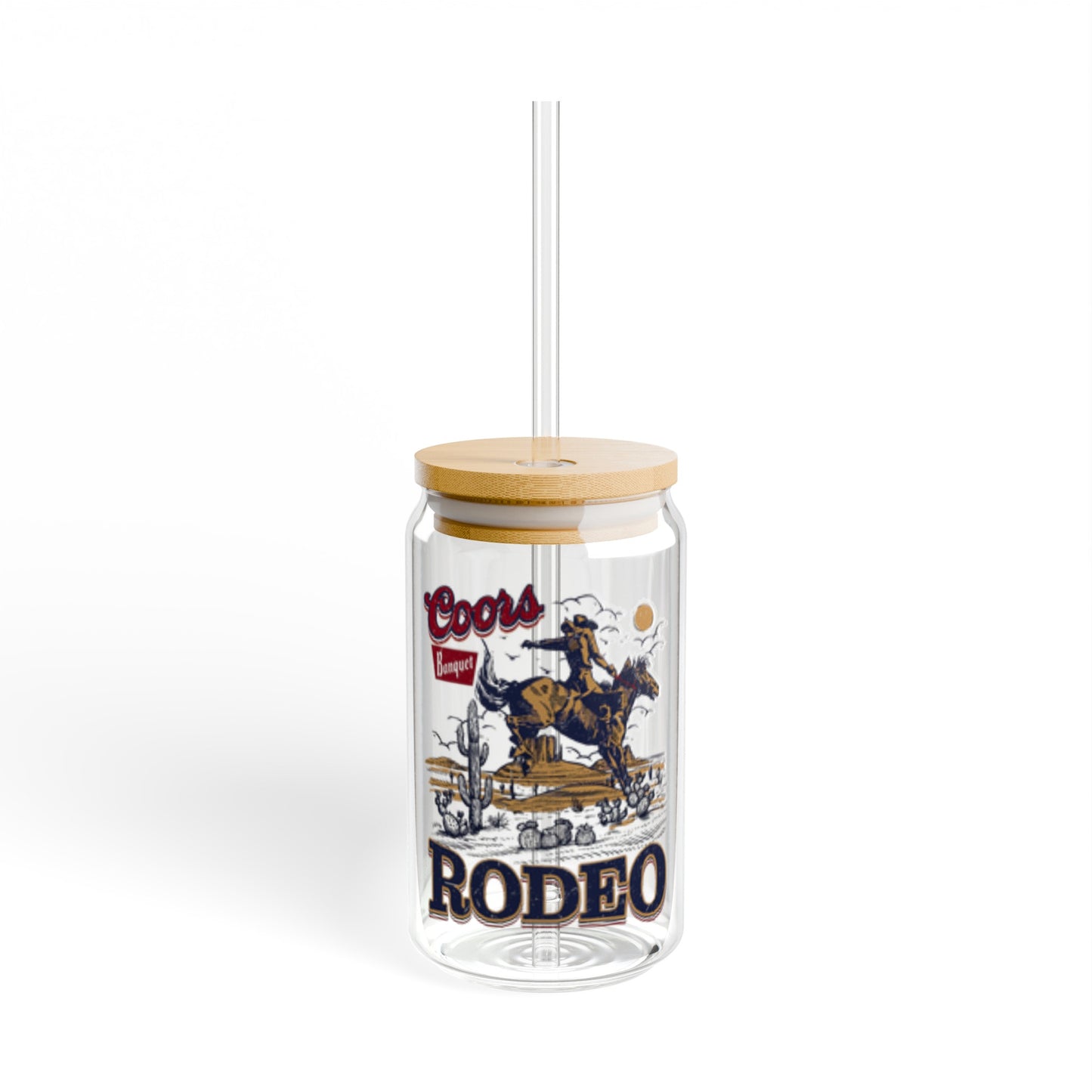 Coors Rodeo 16oz Glass Can with Lid and Straw