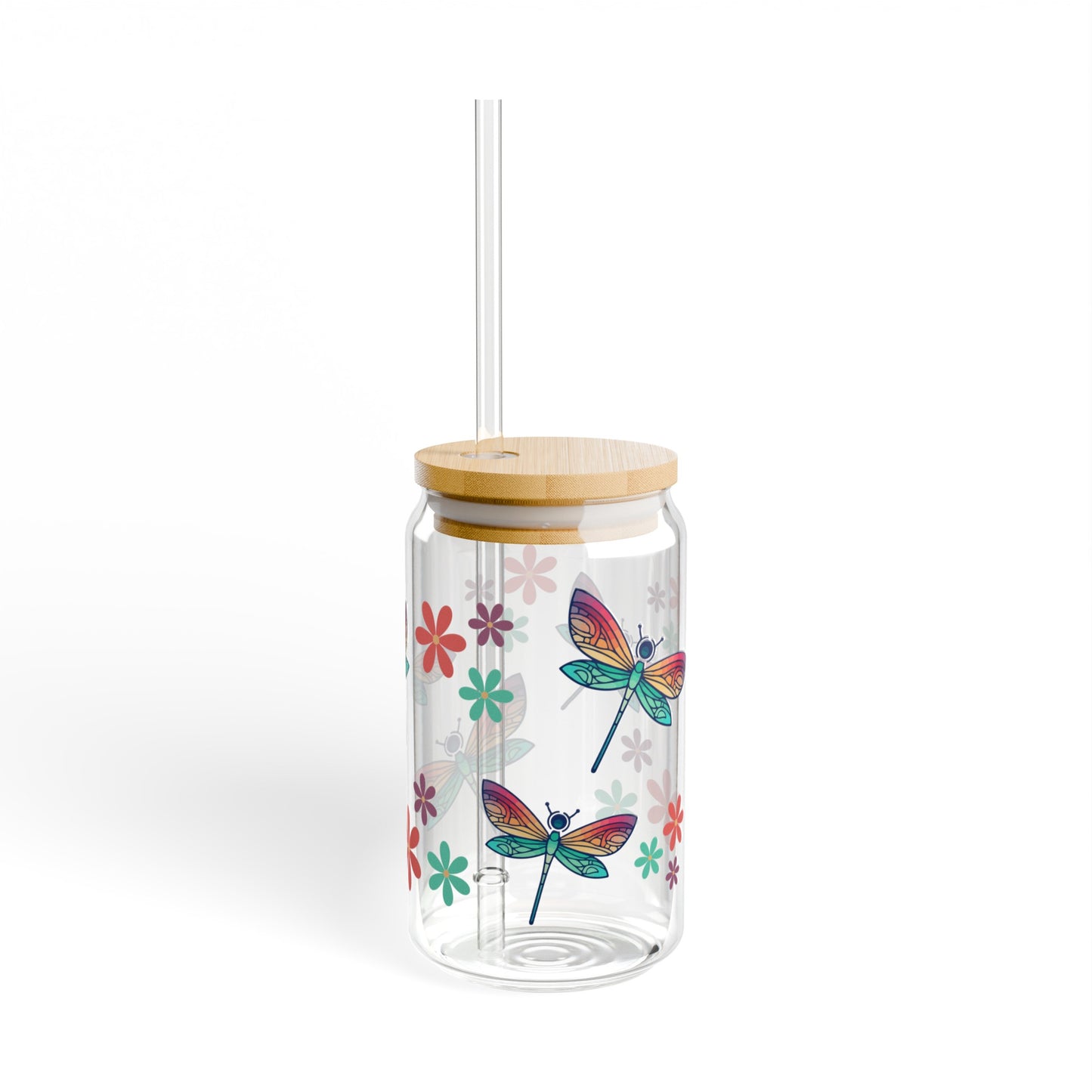 Dragonfly Flower 16oz Glass Can with Lid and Straw