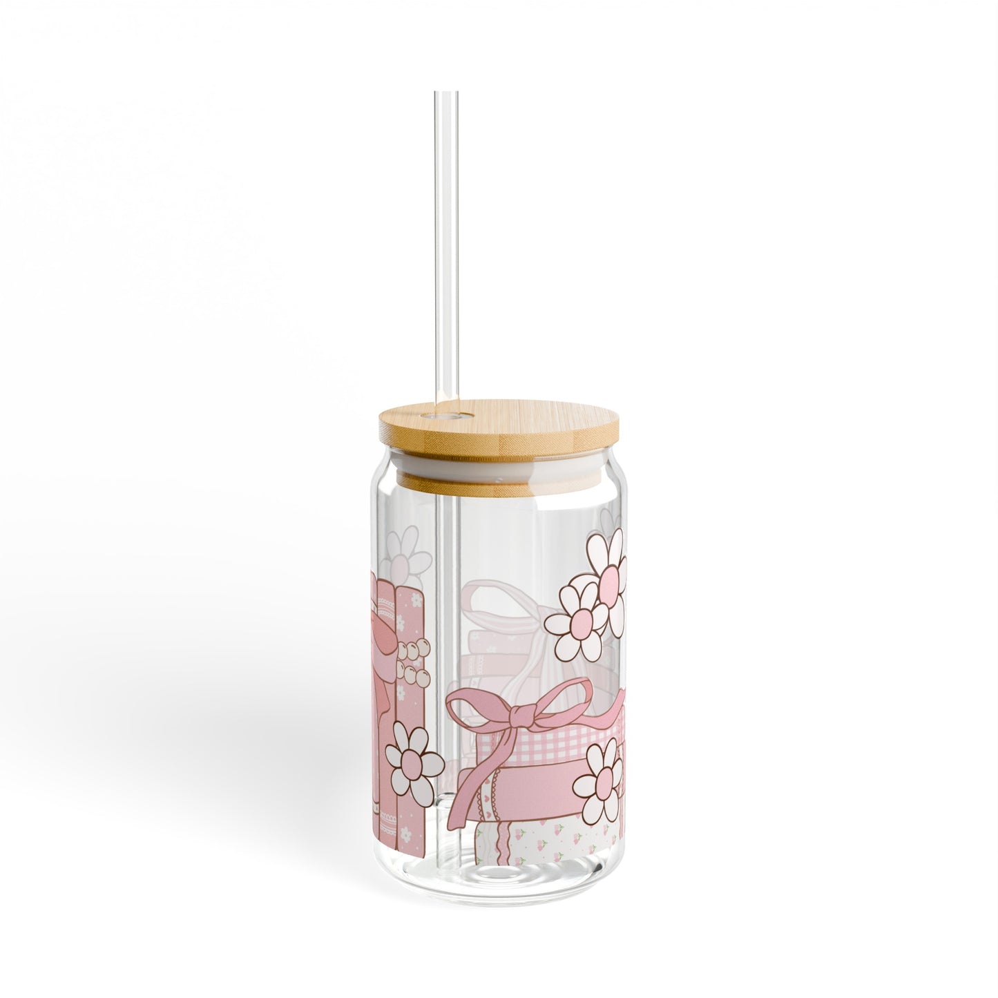 Pink Book Lover 16oz Glass Can with Lid and Straw