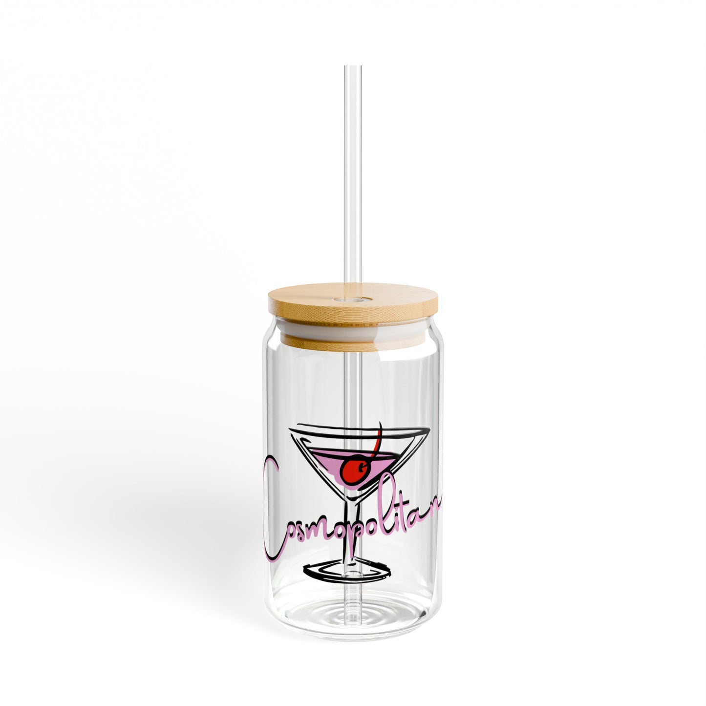 Cosmopolitan Drink 16oz Glass Can with Lid and Straw