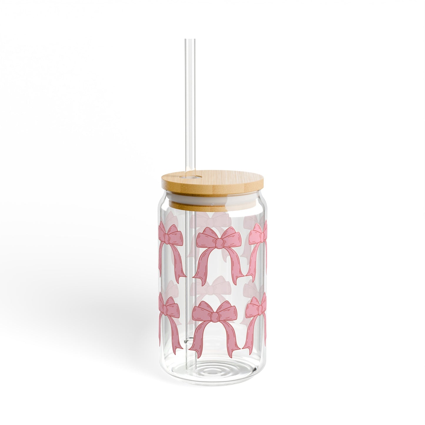 Pink Bow Wrap Around 16oz Glass Can with Lid and Straw