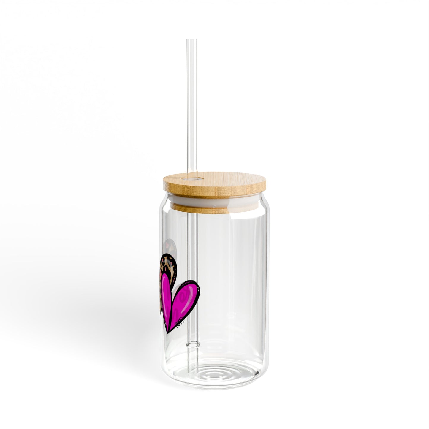 Cute Hearts 16oz Glass Can with Lid and Straw