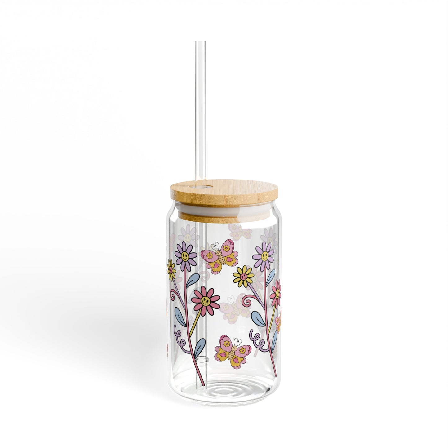 Flowers and Butterflies 16oz Glass Can with Lid and Straw