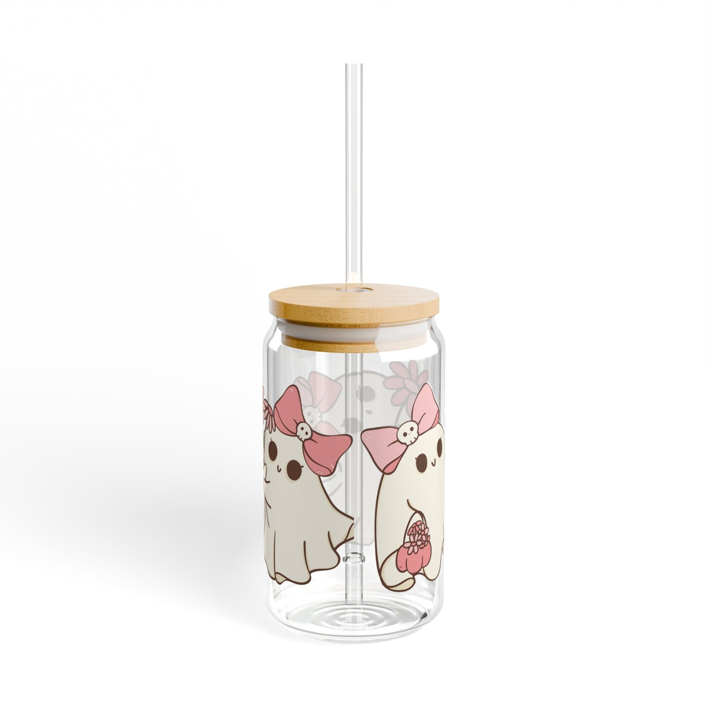 Pink Flower Ghost 16oz Glass Can with Lid and Straw