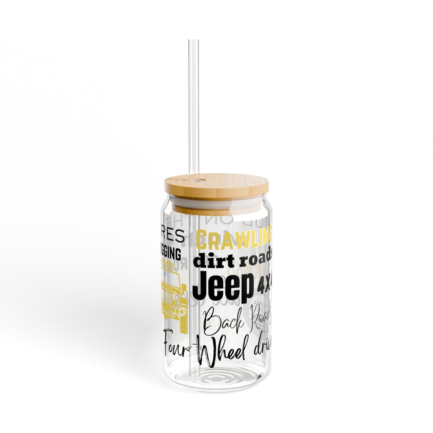 Yellow Off Road 16oz Glass Can with Lid and Straw