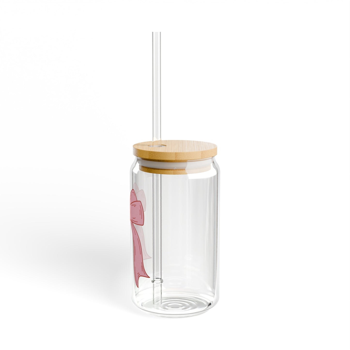 Pink Bow 16oz Glass Can with Lid and Straw
