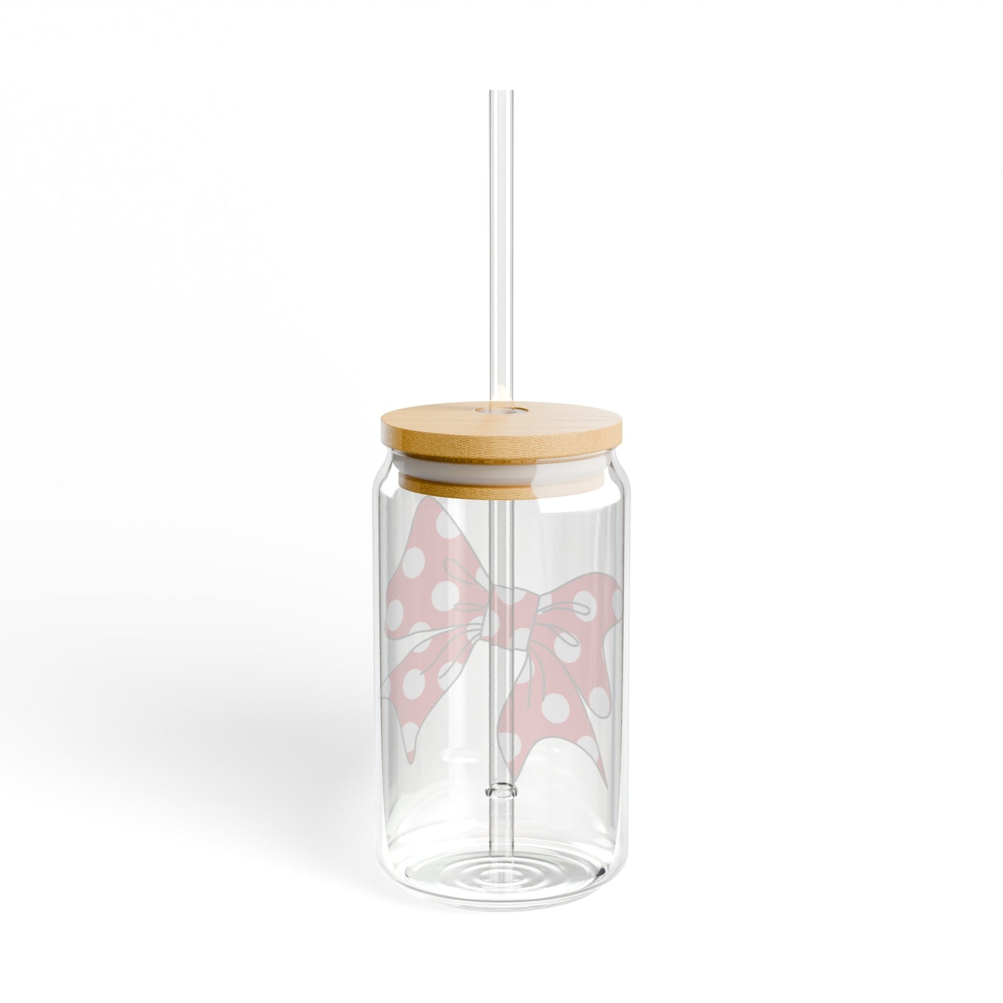 Red Polka Dot Bow 16oz Glass Can with Lid and Straw