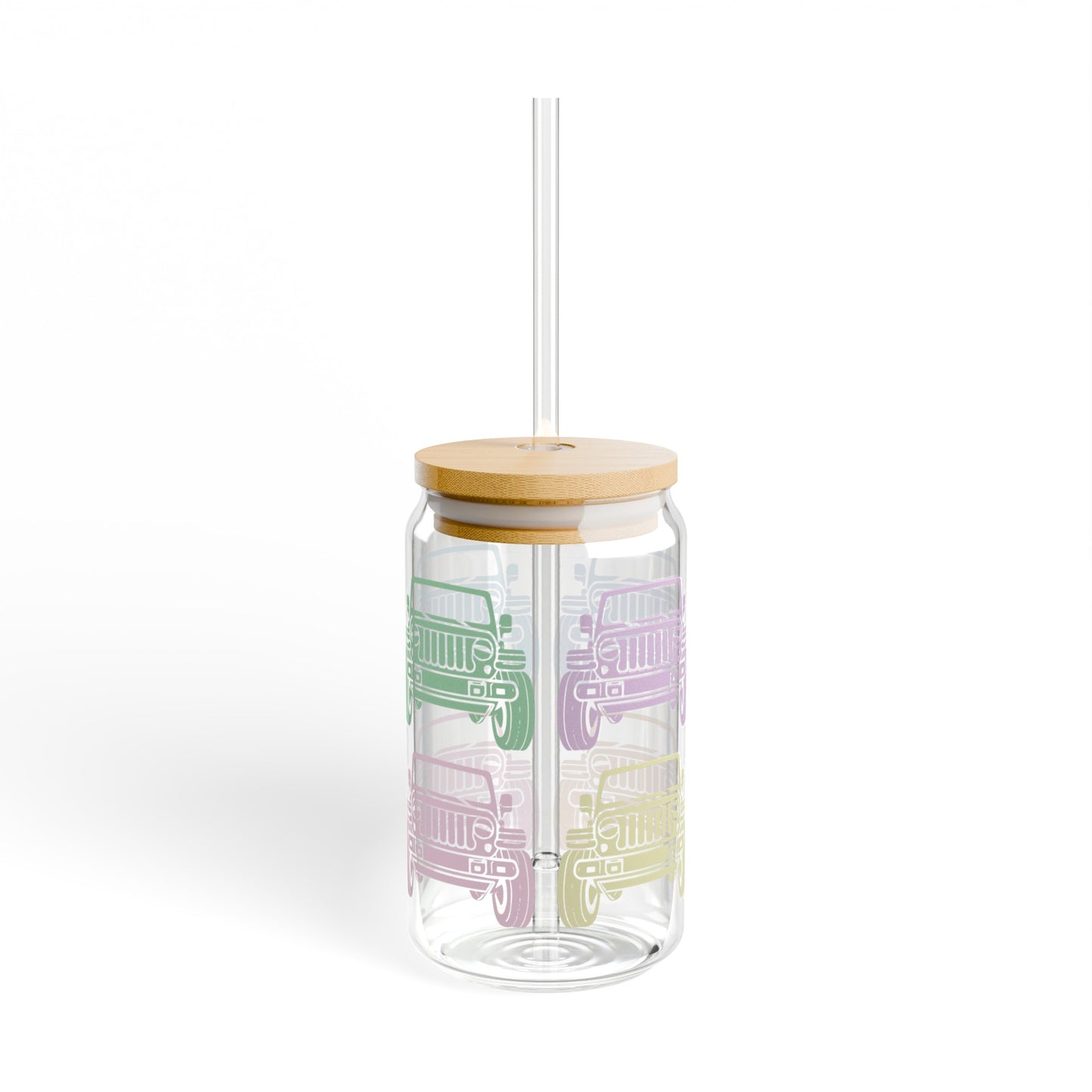 Pastel Jeeps 16oz Glass Can with Lid and Straw