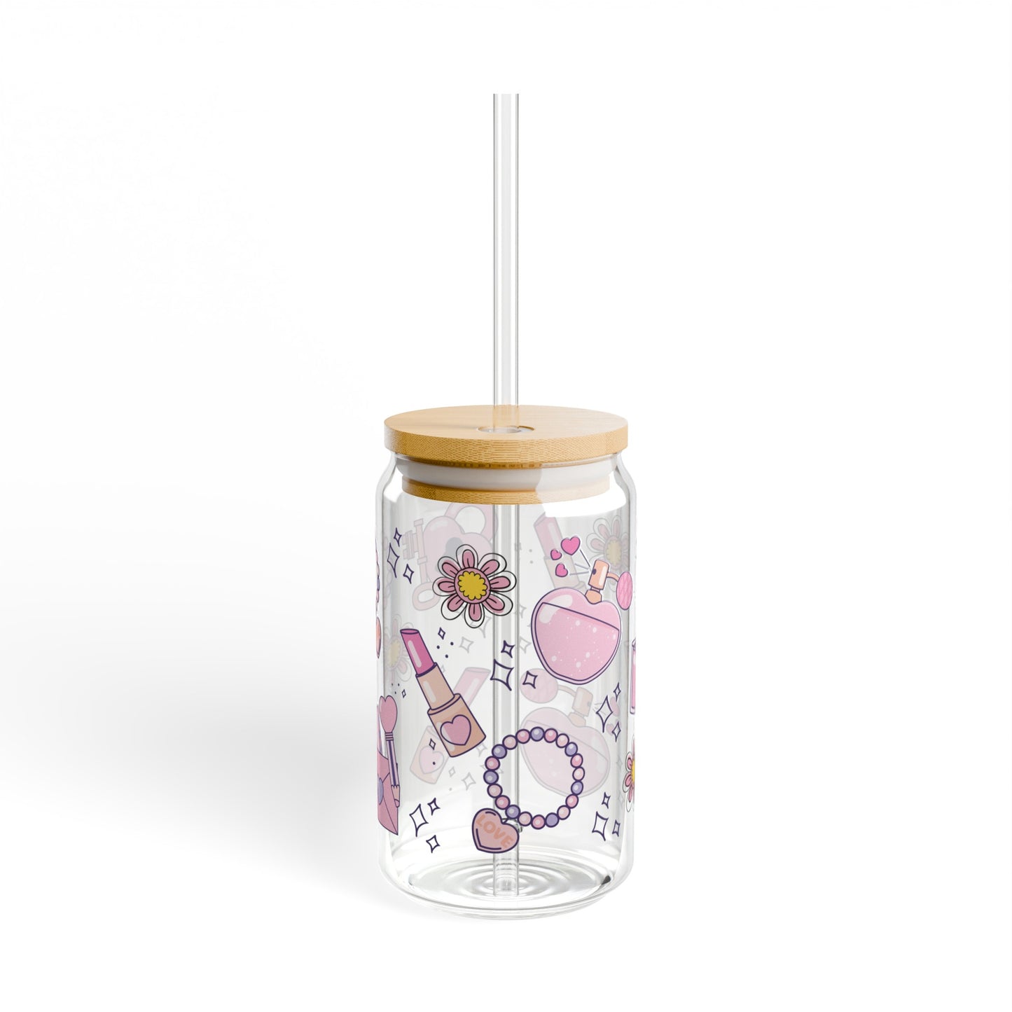 Girly Love 16oz Glass Can with Lid and Straw