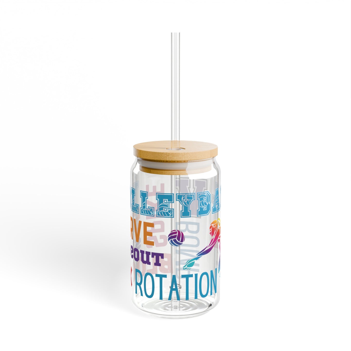 Volleyball 16oz Glass Can with Lid and Straw