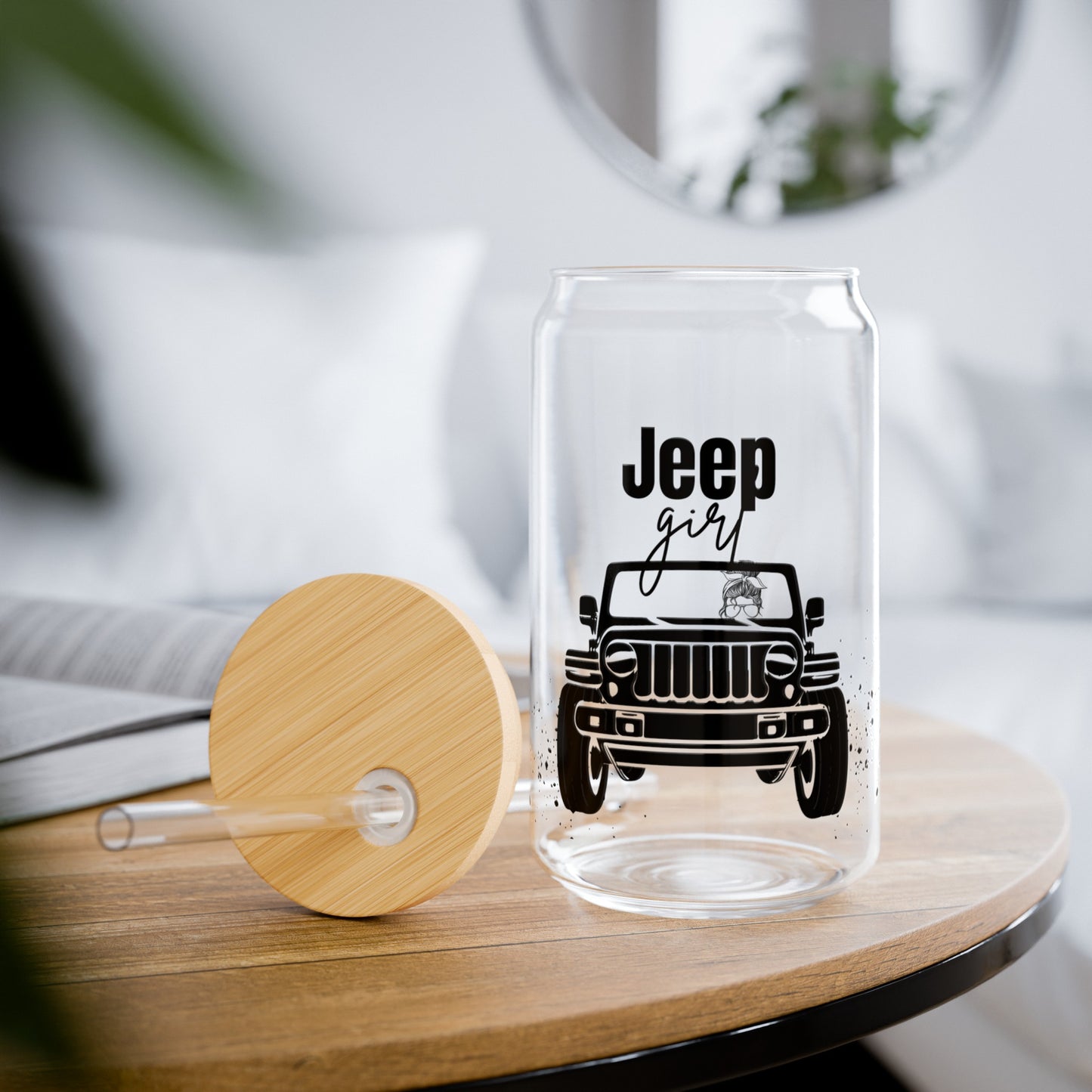 Black Jeep Girl 16oz Glass Can with Lid and Straw
