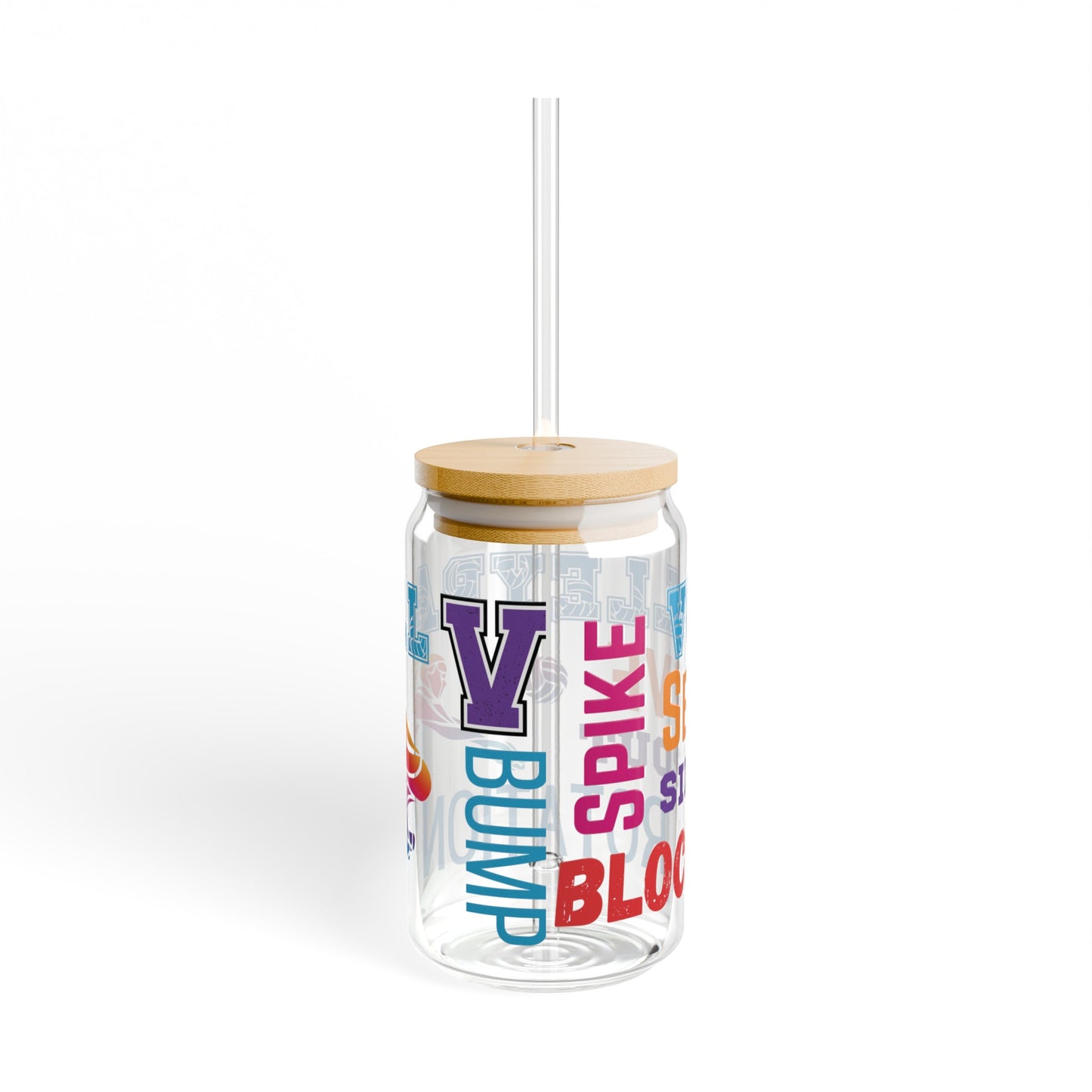 Volleyball 16oz Glass Can with Lid and Straw