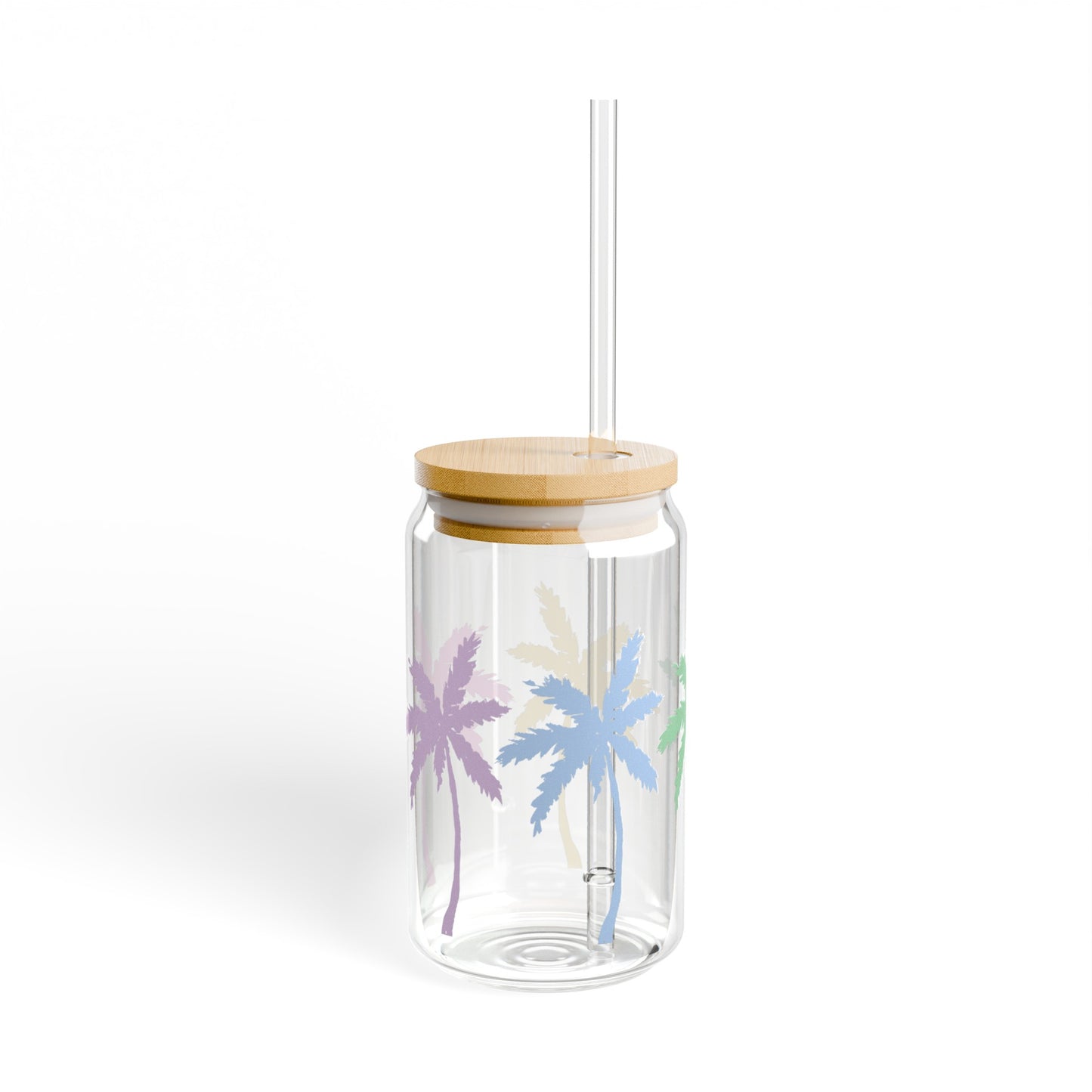 Pastel Palm Trees 16oz Glass Can with Lid and Straw