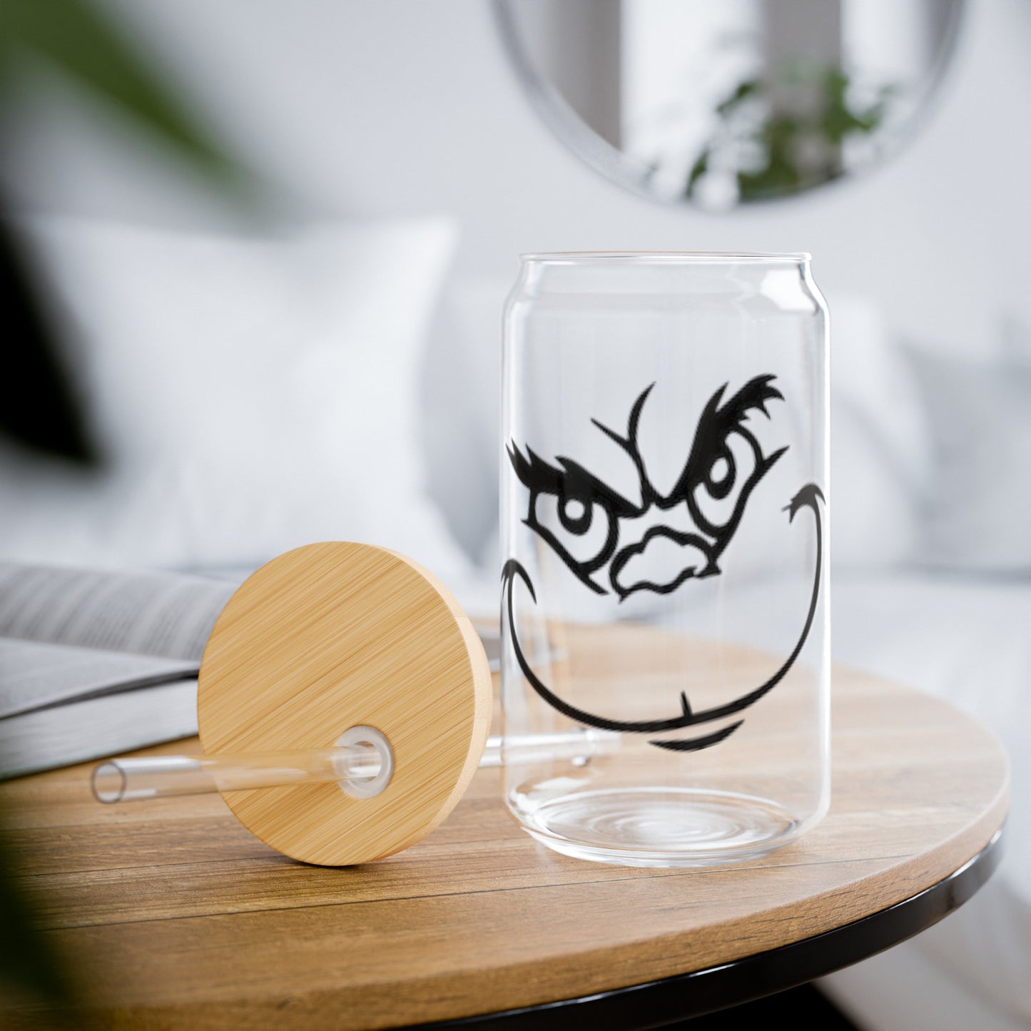 Grinch Smile 16oz Glass Can with Lid and Straw