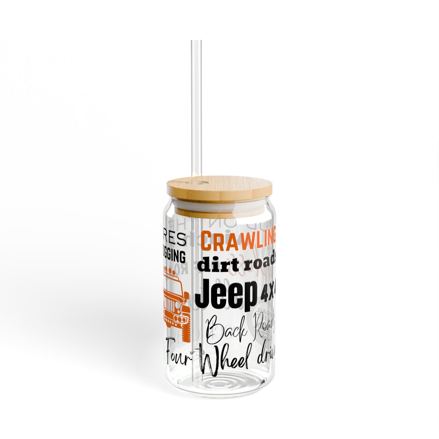 Orange Off Road 16oz Glass Can with Lid and Straw