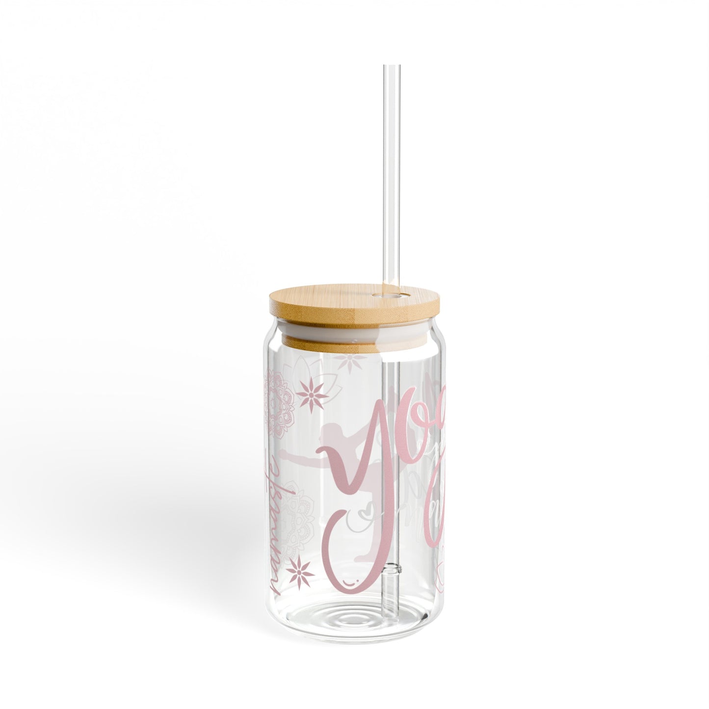 Yoga Love 16oz Glass Can with Lid and Straw