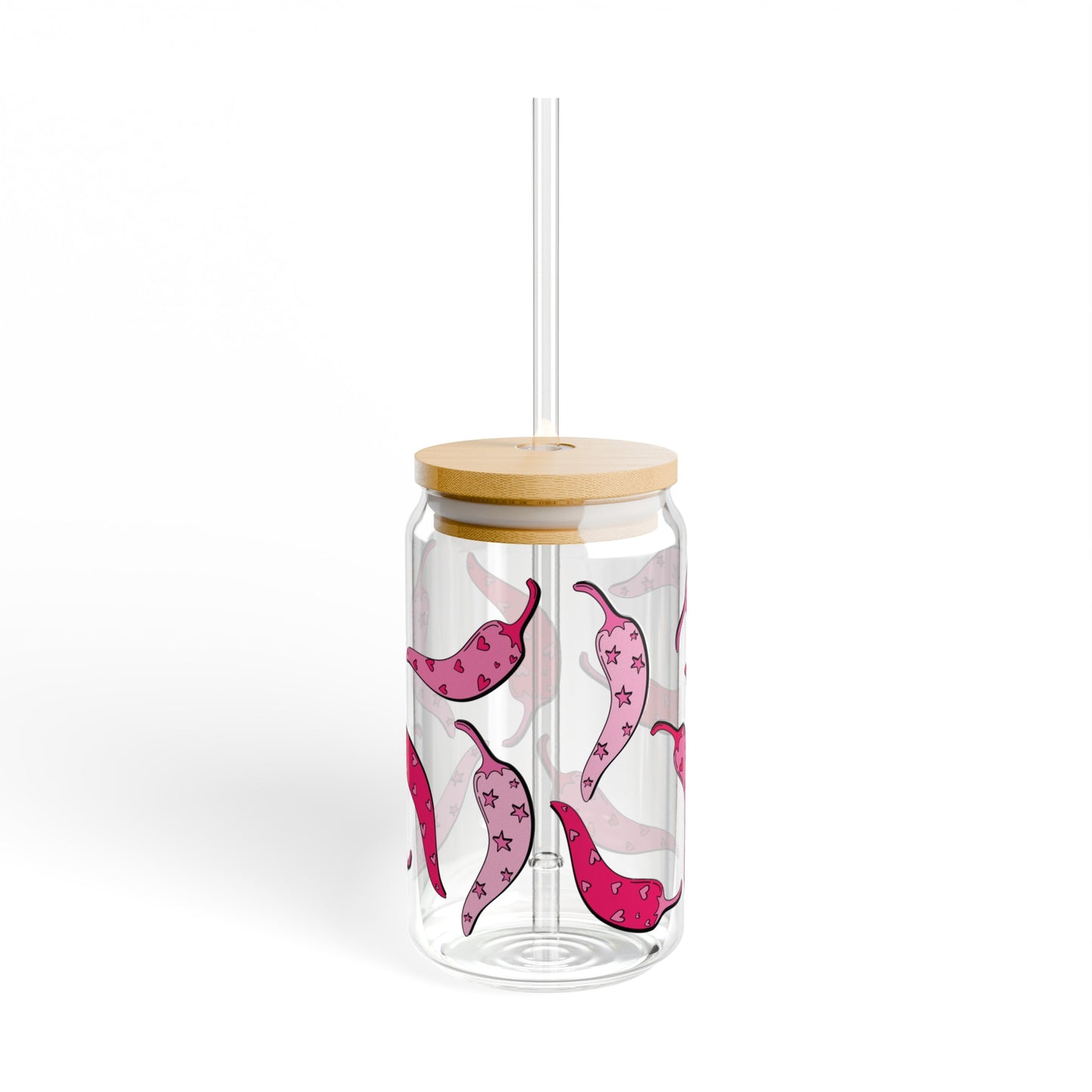 Pink Chili Peppers 16oz Glass Can with Lid and Straw