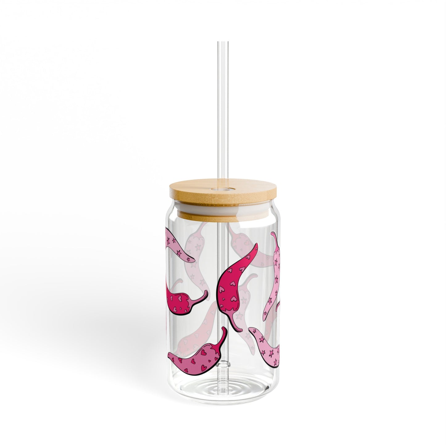 Pink Chili Peppers 16oz Glass Can with Lid and Straw
