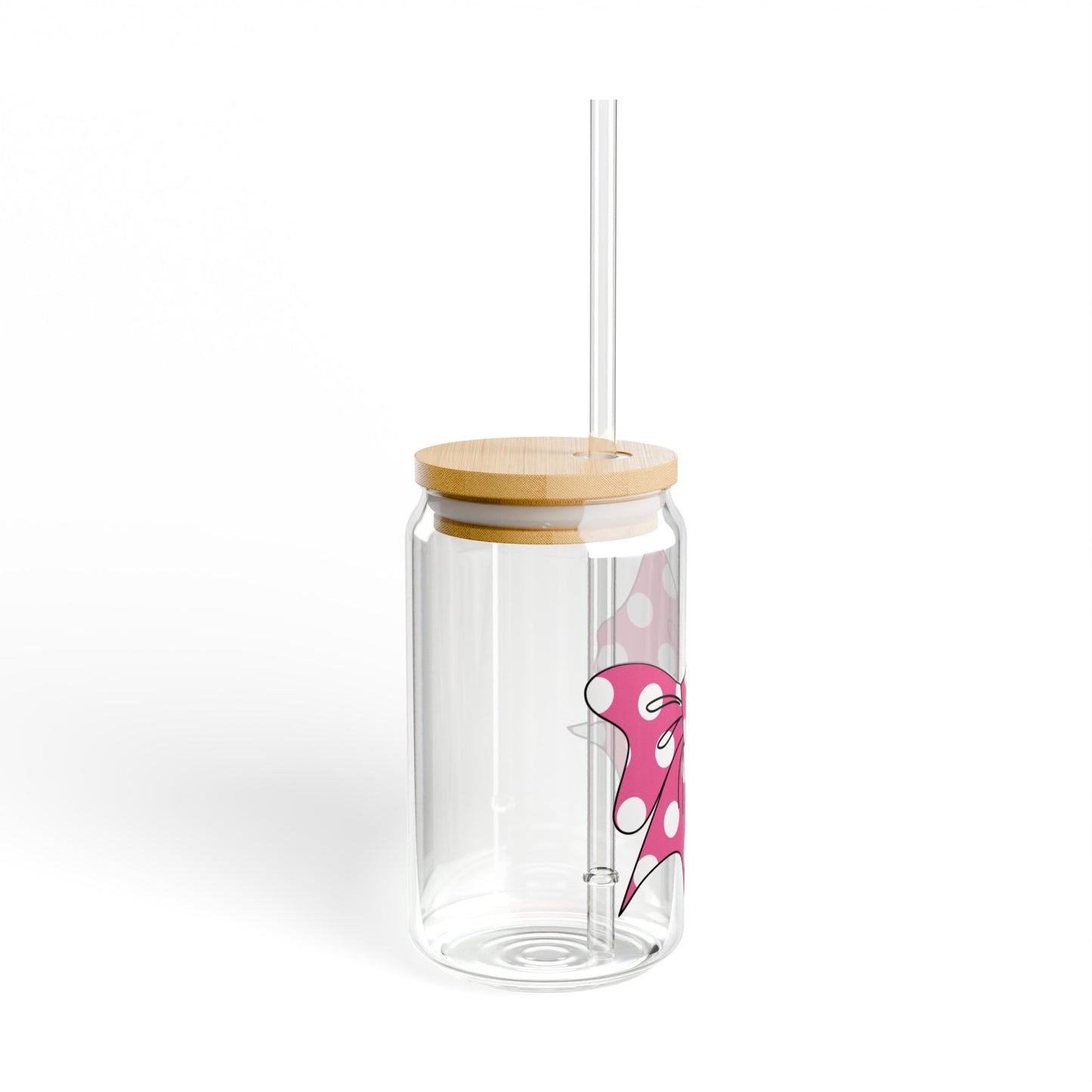 Pink Polka Dot Bow 16oz Glass Can with Lid and Straw