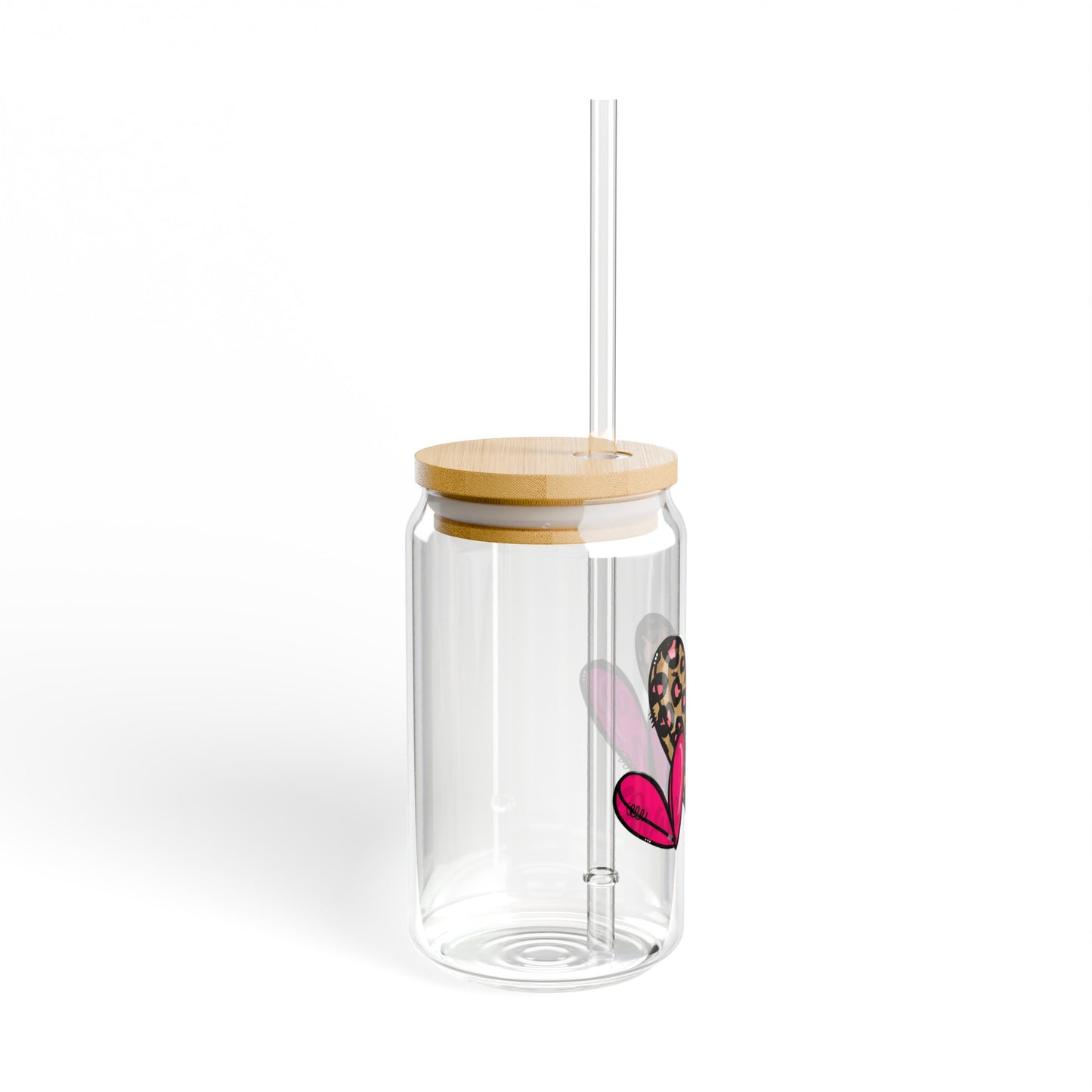 Cute Hearts 16oz Glass Can with Lid and Straw