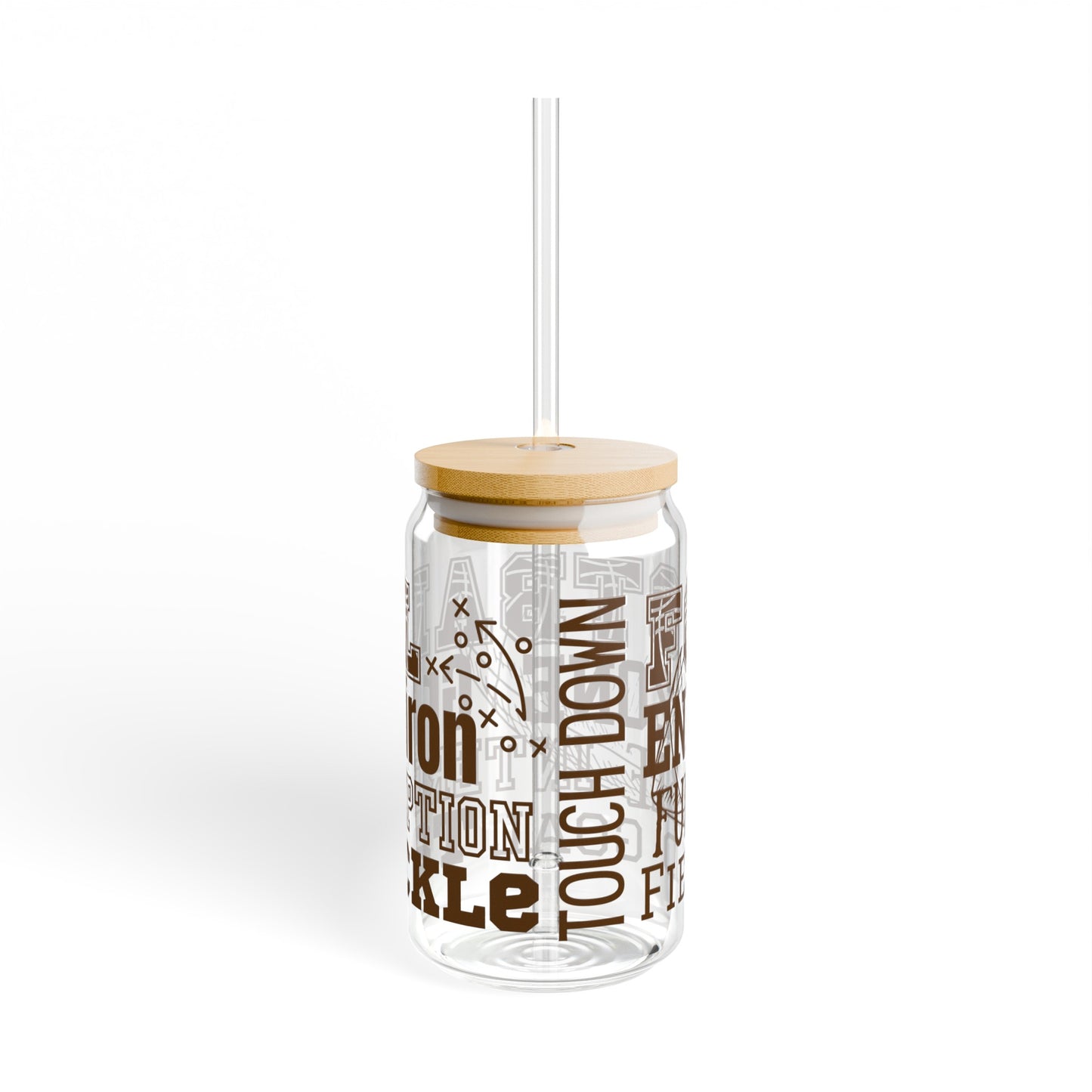 Football 16oz Glass Can with Lid and Straw
