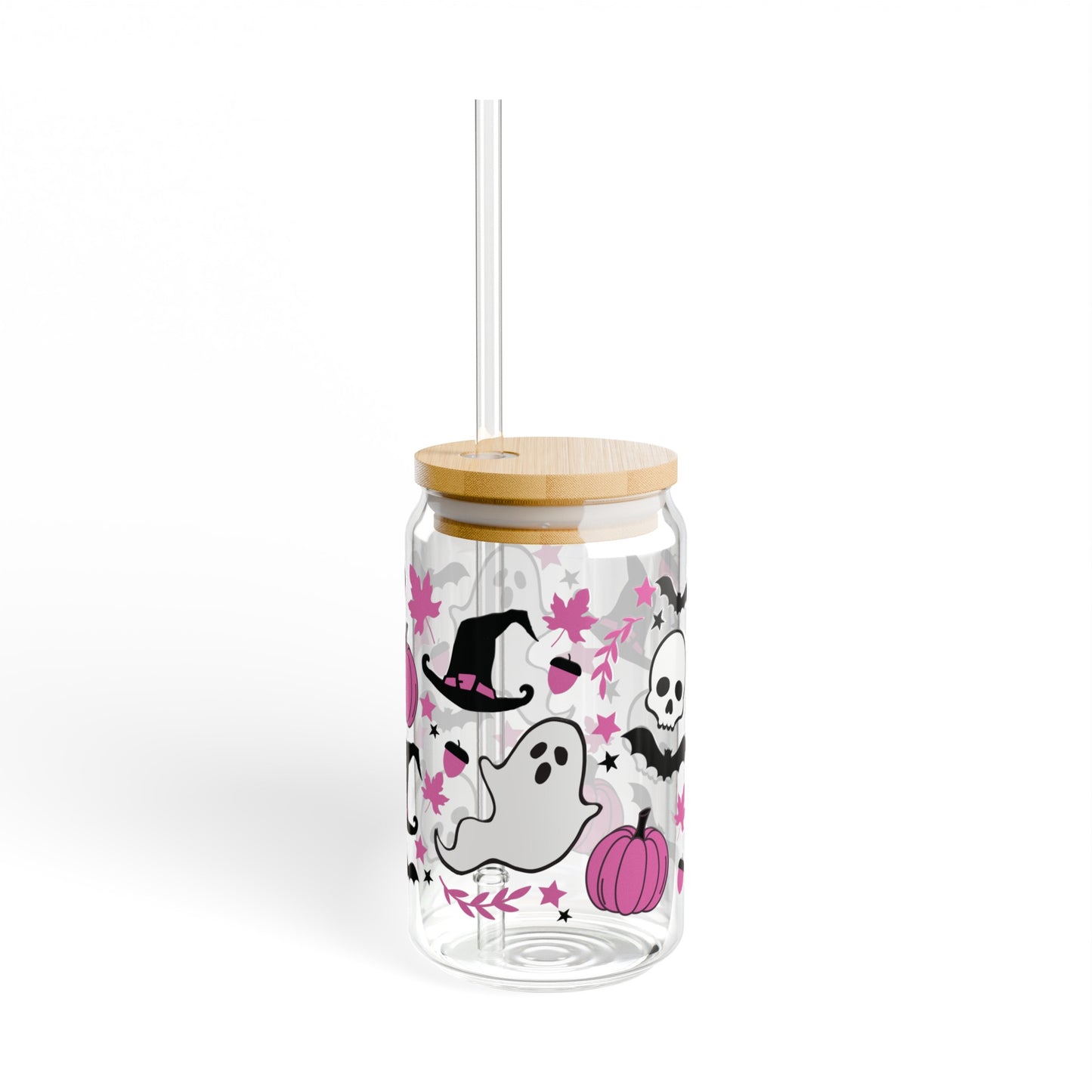 Pink Halloween 16oz Glass Can with Lid and Straw