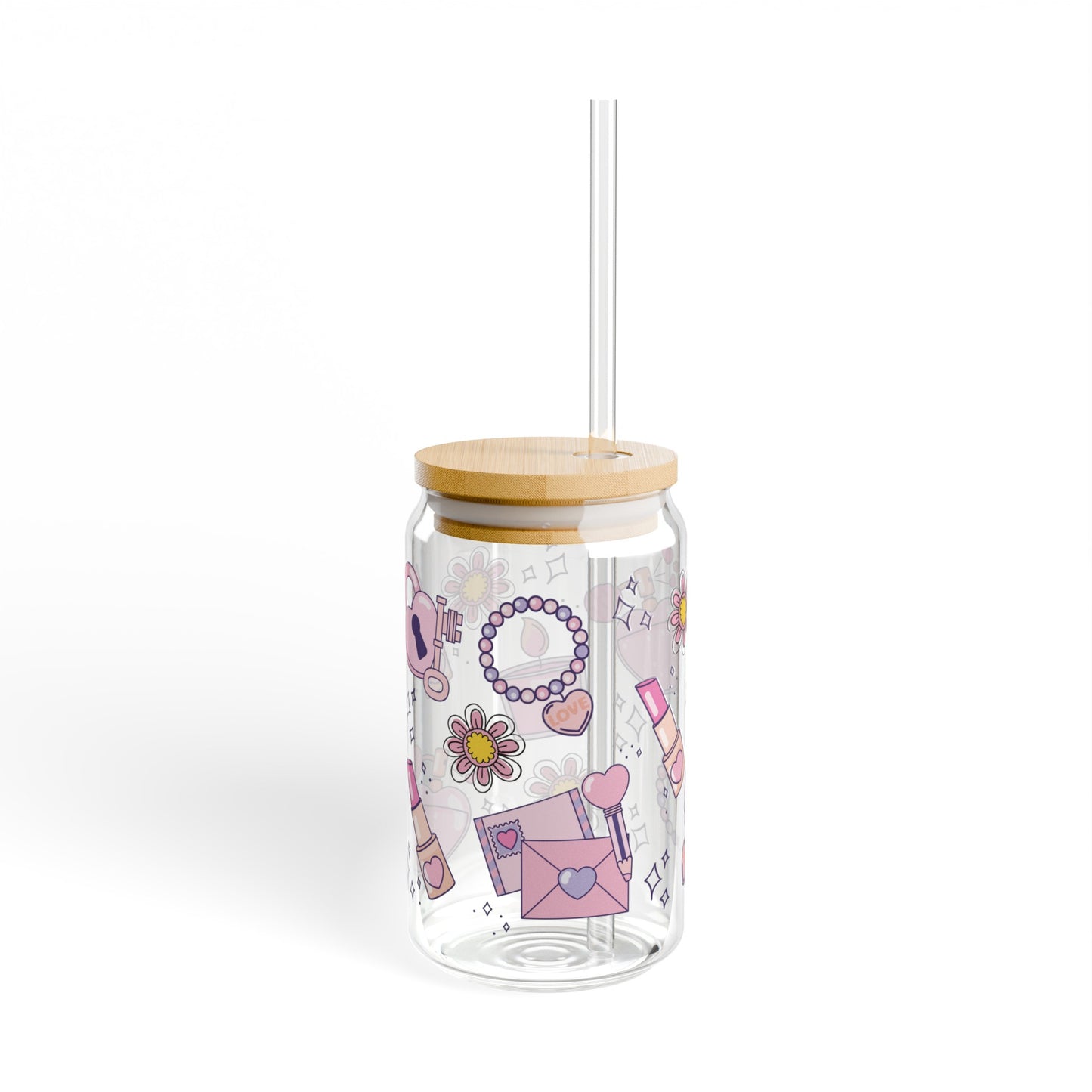 Girly Love 16oz Glass Can with Lid and Straw
