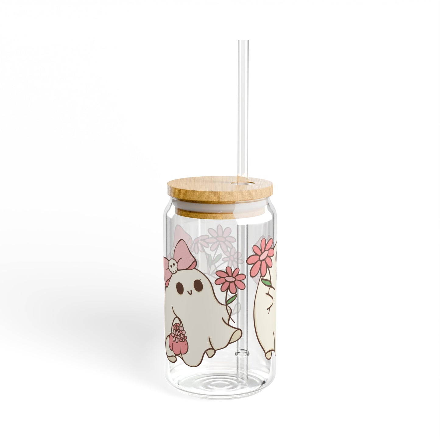 Pink Flower Ghost 16oz Glass Can with Lid and Straw