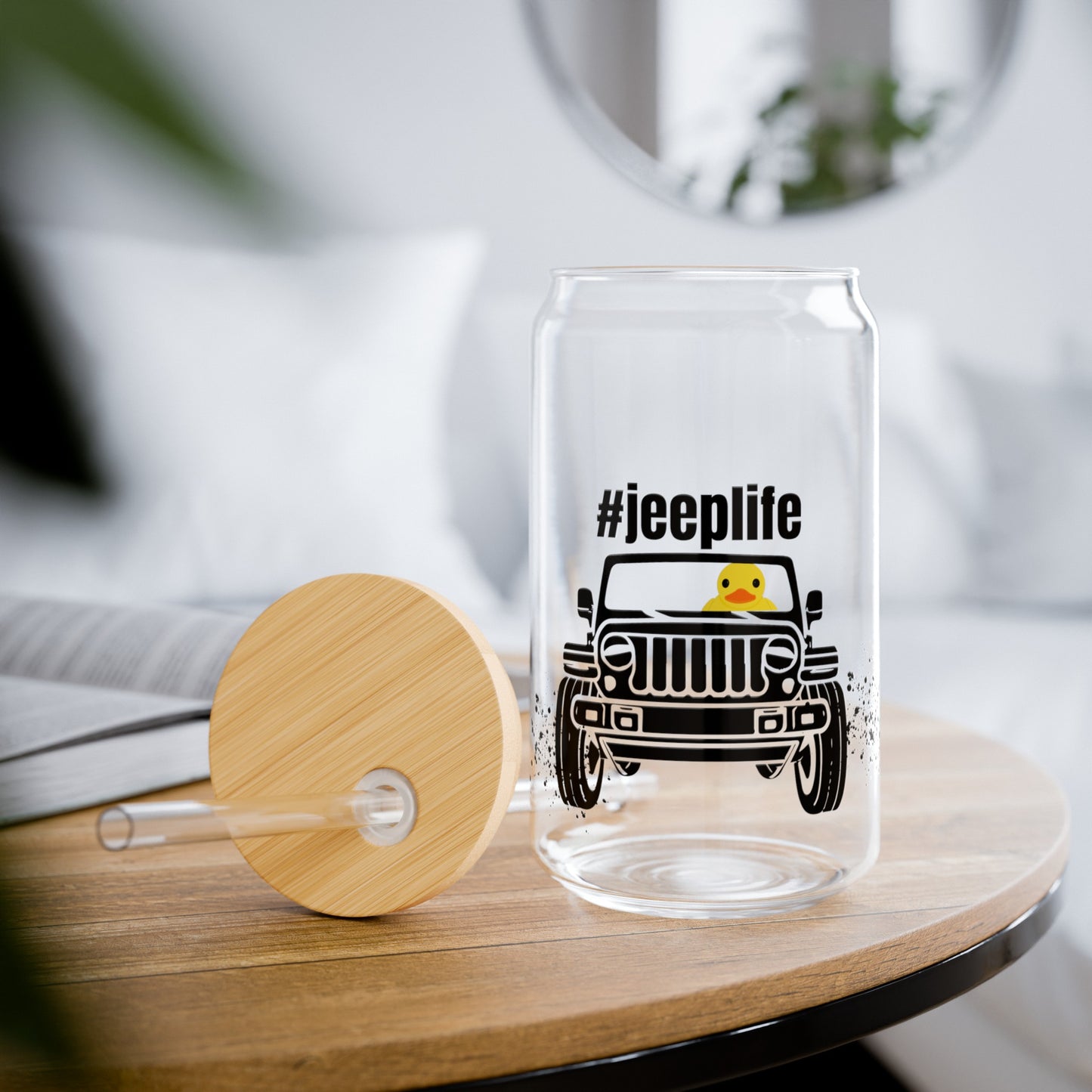 Duck Jeep Life 16oz Glass Can with Lid and Straw