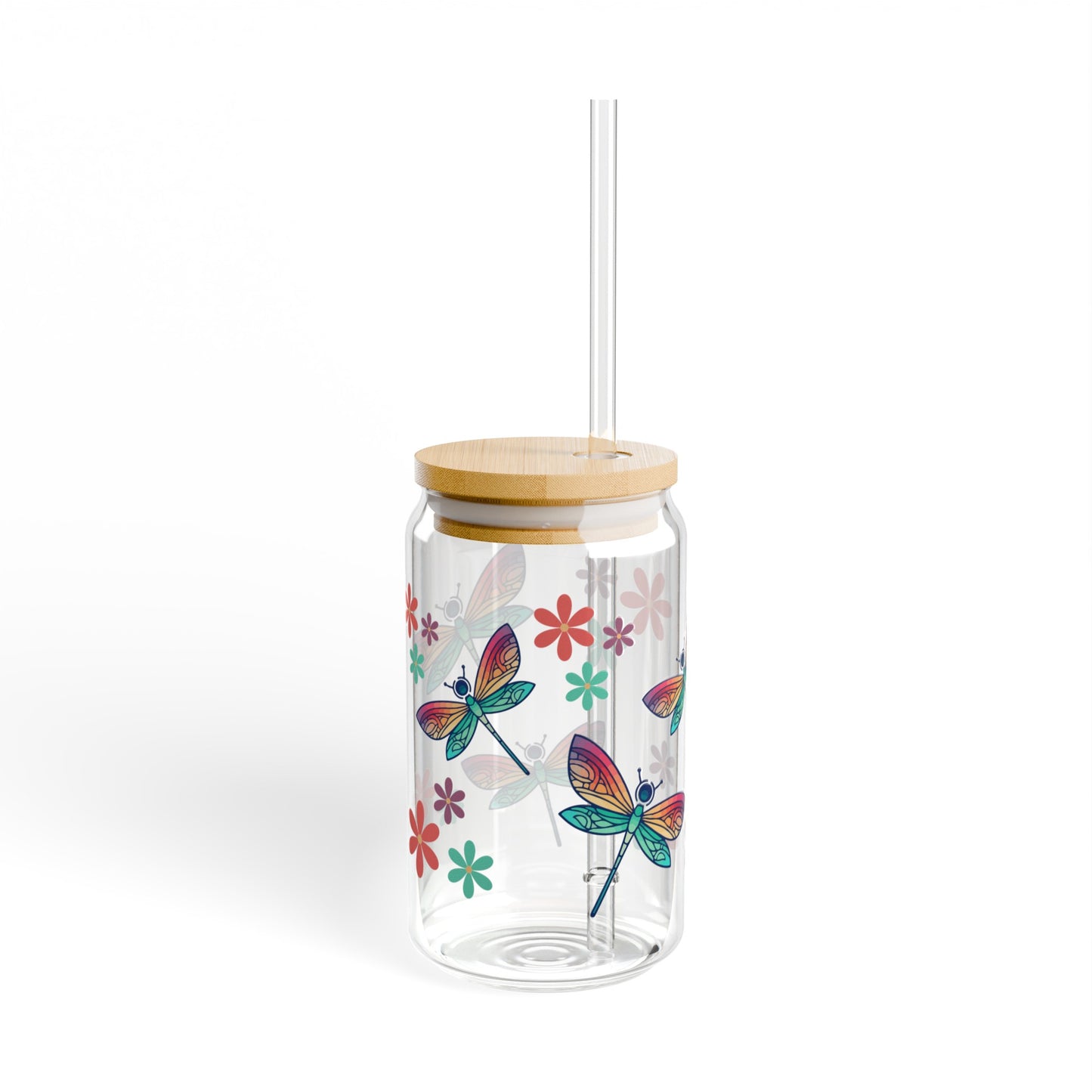 Dragonfly Flower 16oz Glass Can with Lid and Straw