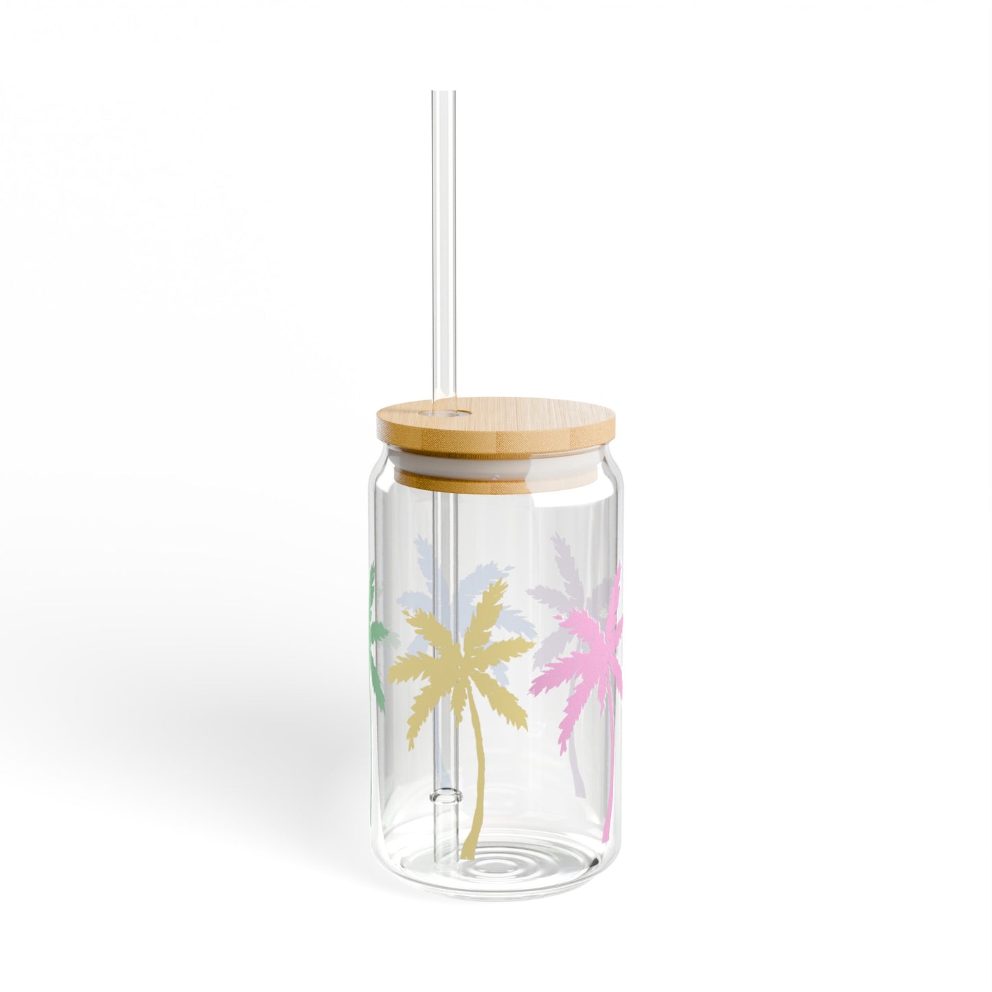 Pastel Palm Trees 16oz Glass Can with Lid and Straw