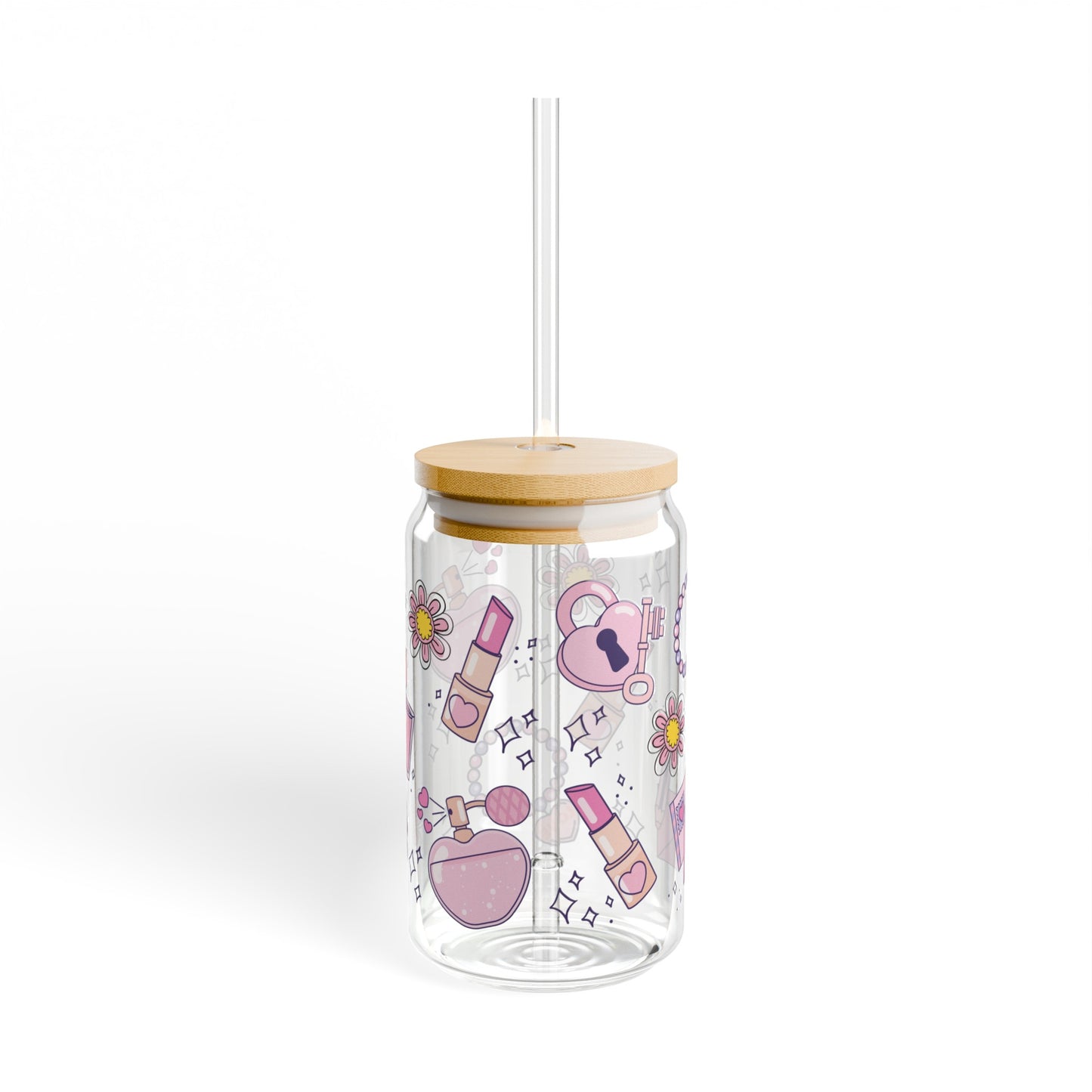 Girly Love 16oz Glass Can with Lid and Straw