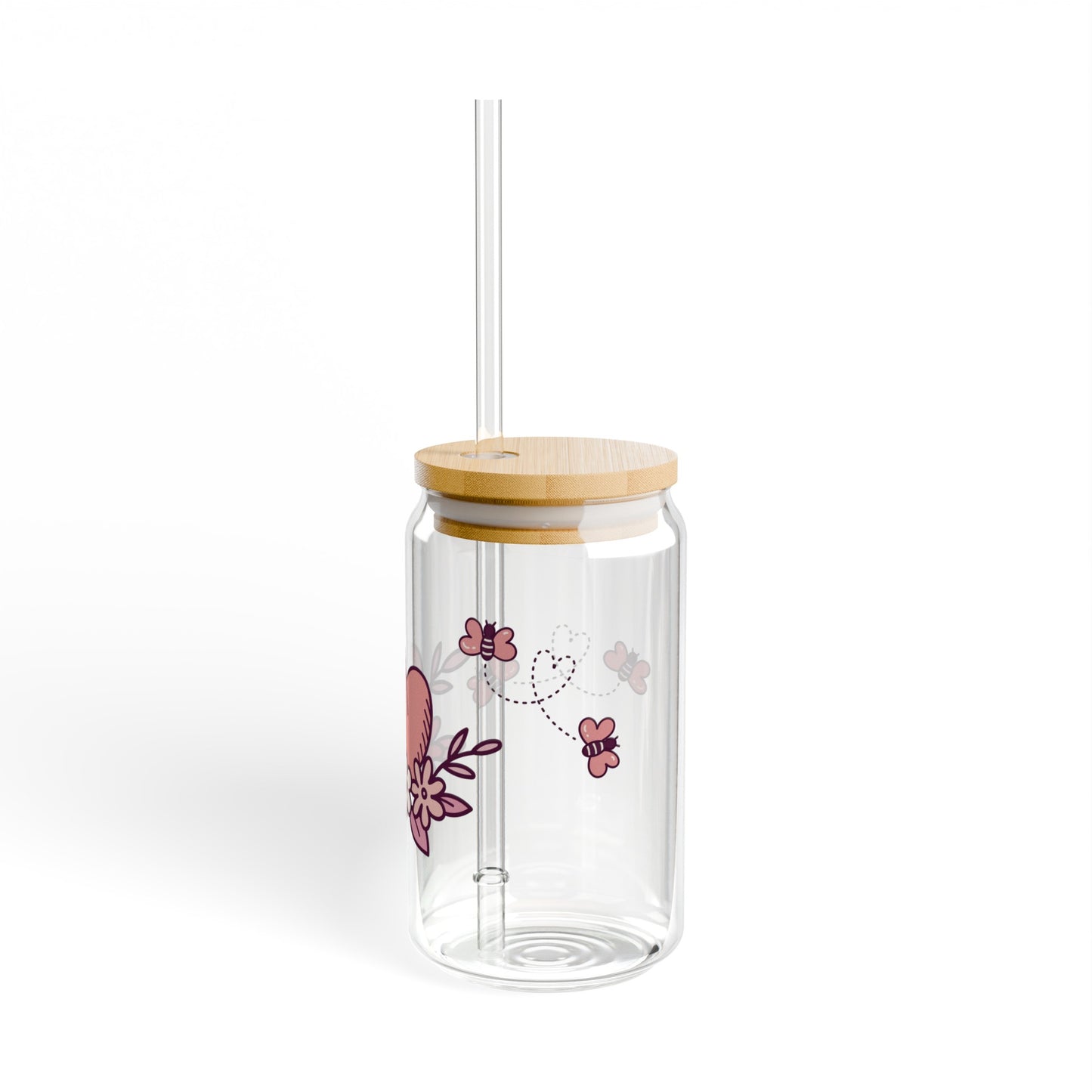 Flowers and Bees 16oz Glass Can with Lid and Straw