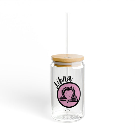 Pink and Black Libra 16oz Glass Can with Lid and Straw