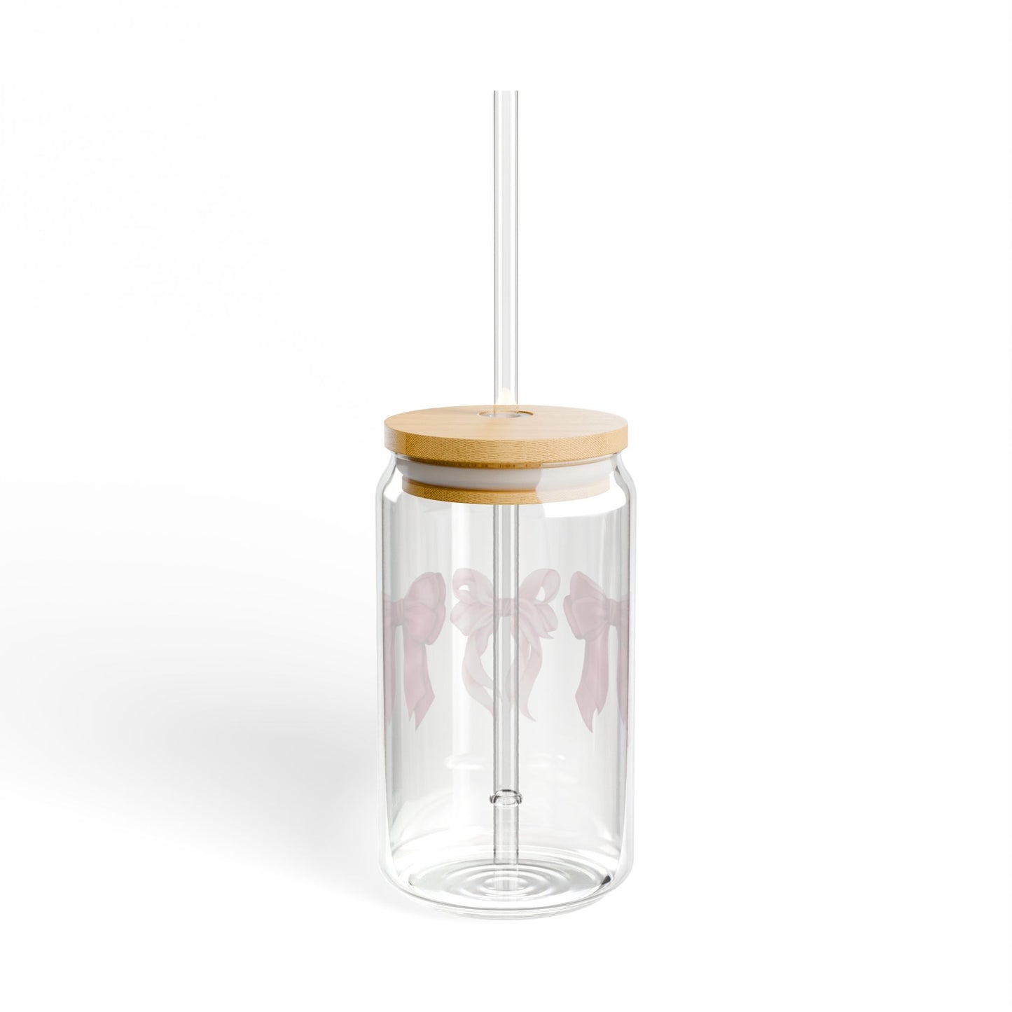 Pink Coquette Bow Glass Can with Lid and Straw