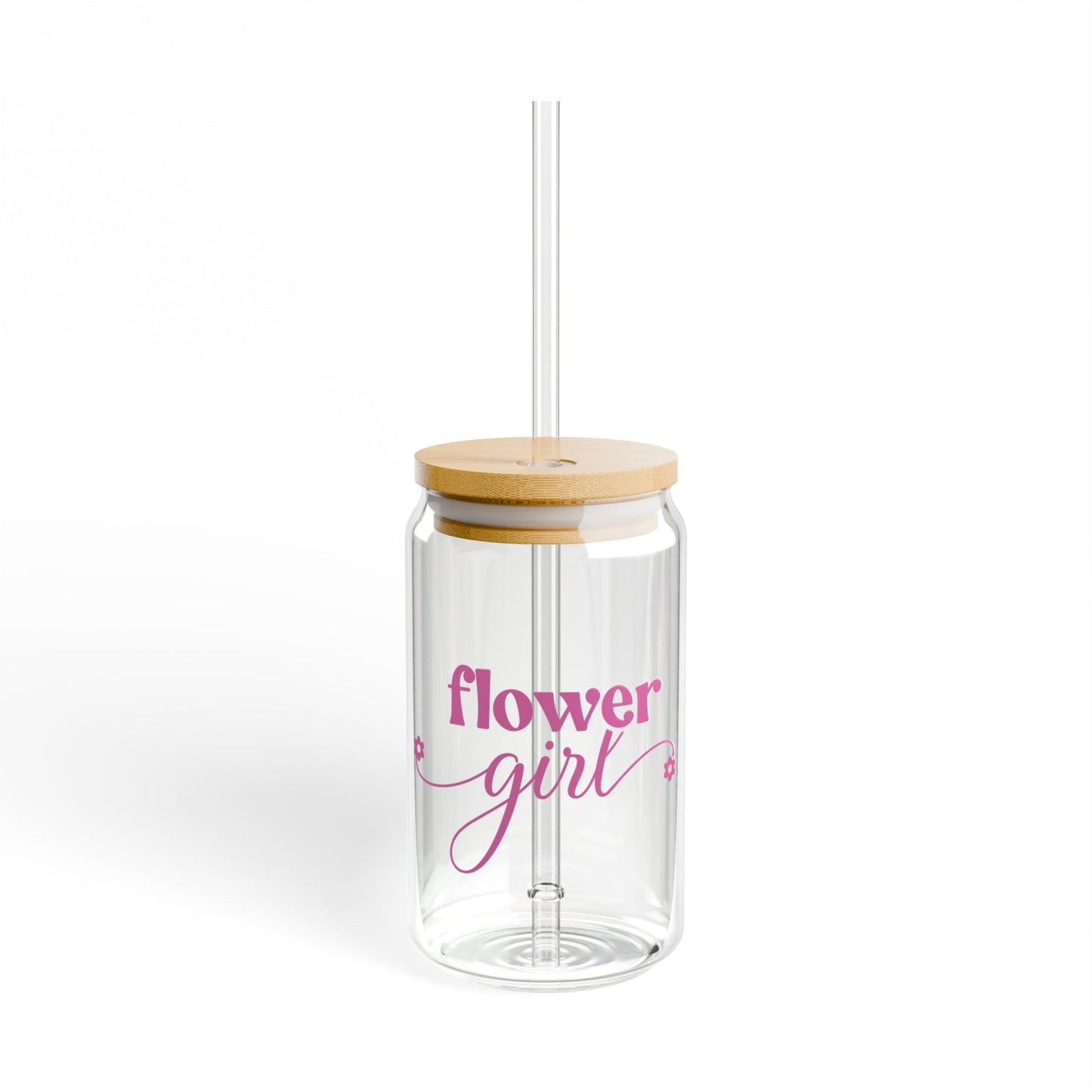 Pink Flower Girl 16oz Glass Can with Lid and Straw