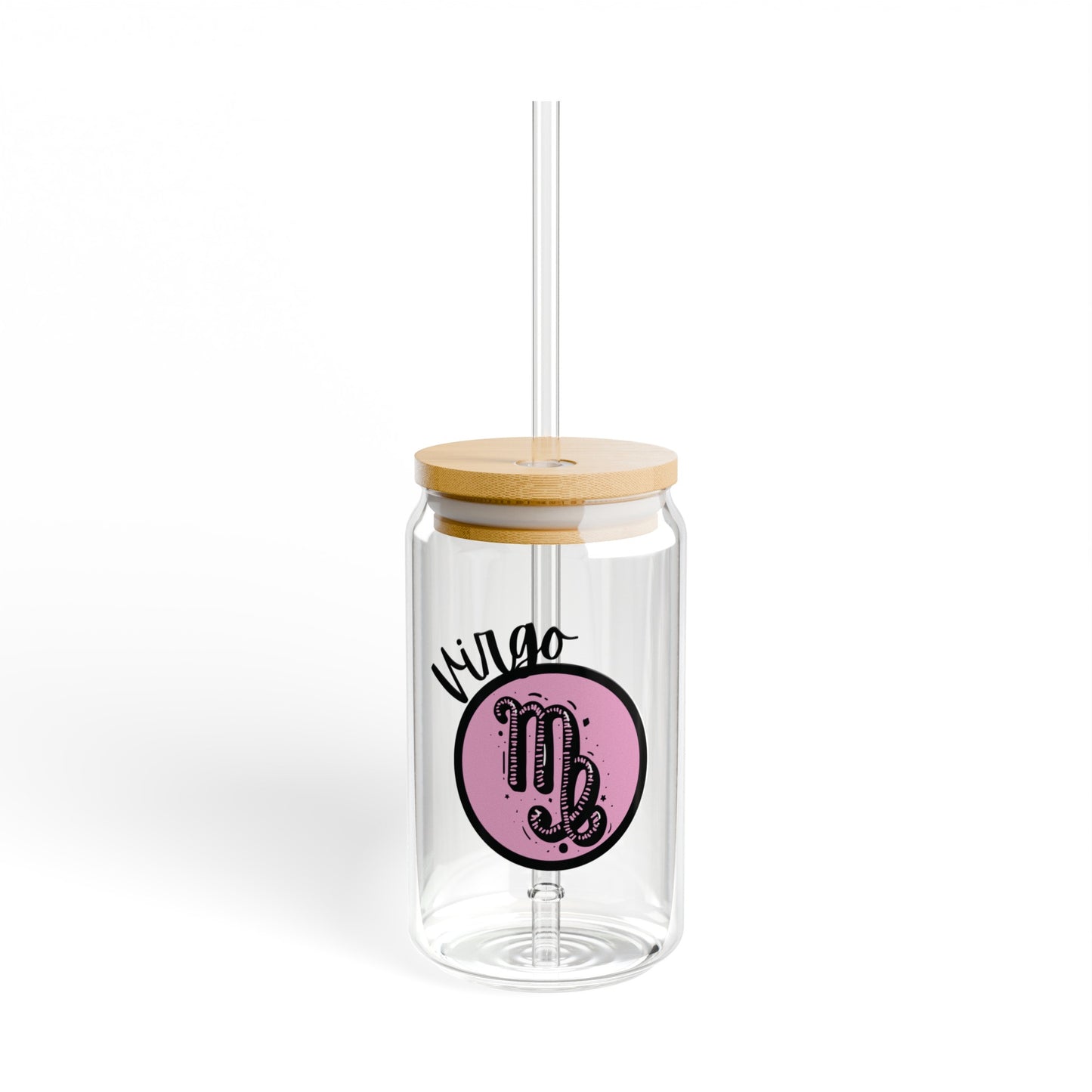 Pink and Black Virgo 16oz Glass Can with Lid and Straw