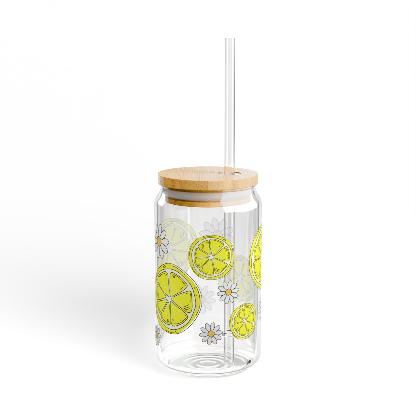 Lemons and Daisies 16oz Glass Can with Lid and Straw