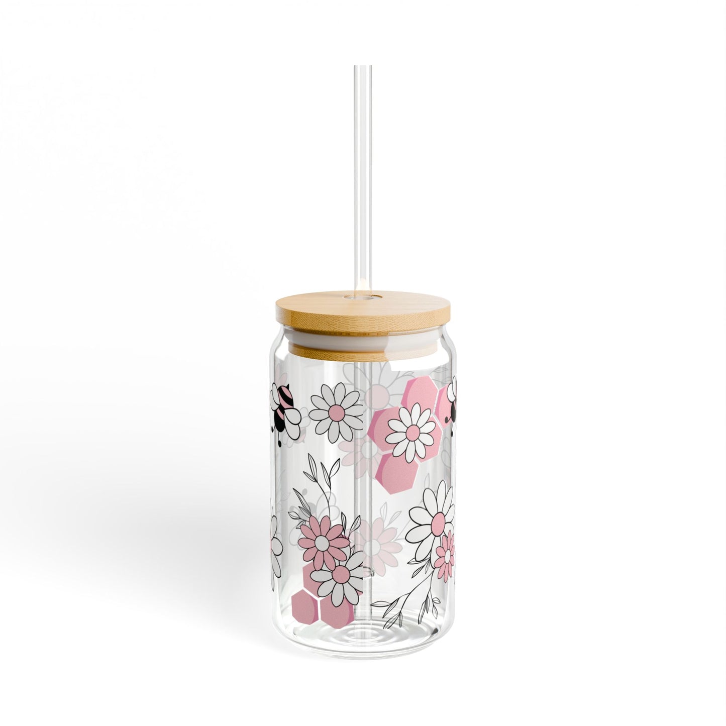 Pink Bees and Flowers 16oz Glass Can with Lid and Straw
