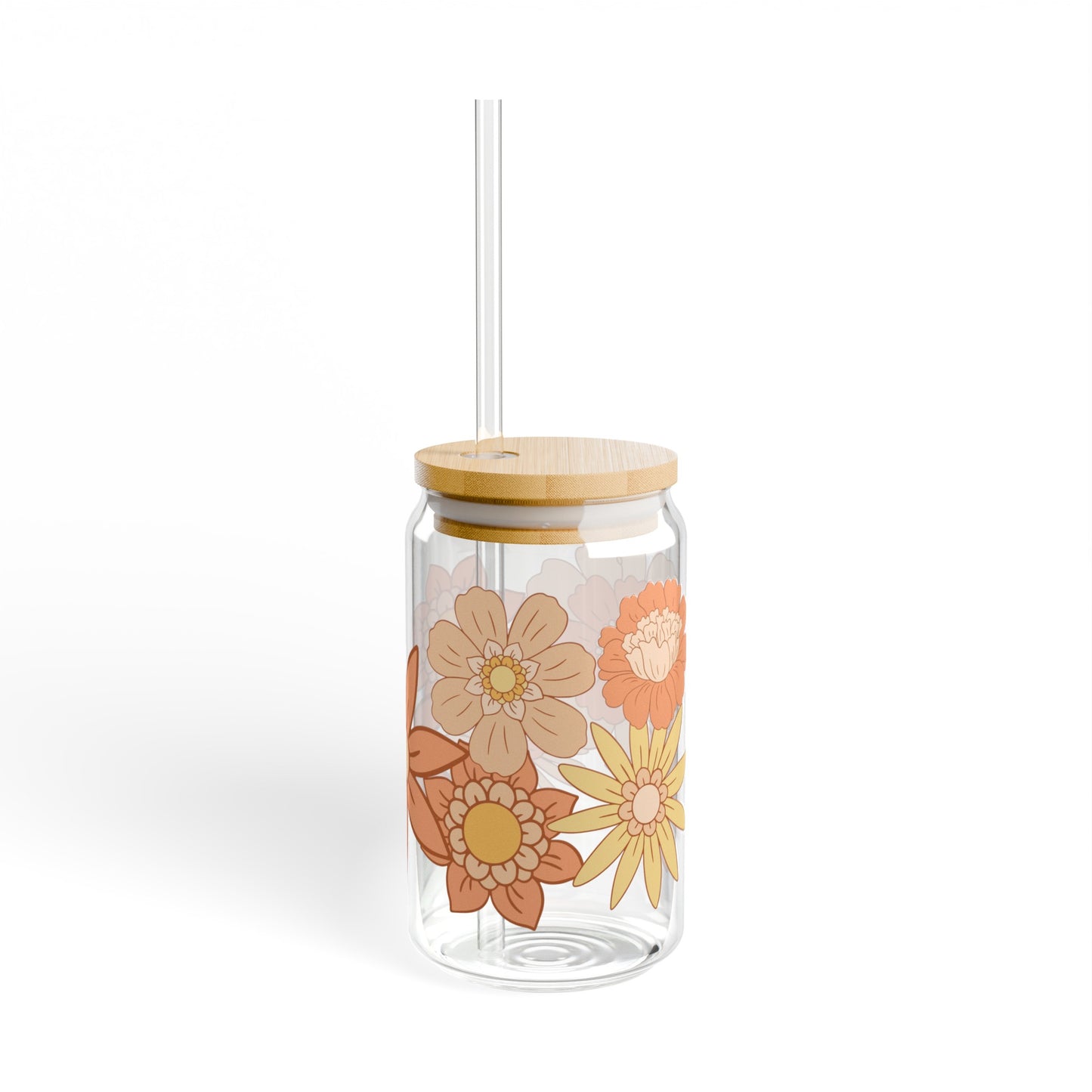 Orange Retro Flowers 16oz Glass Can with Lid and Straw