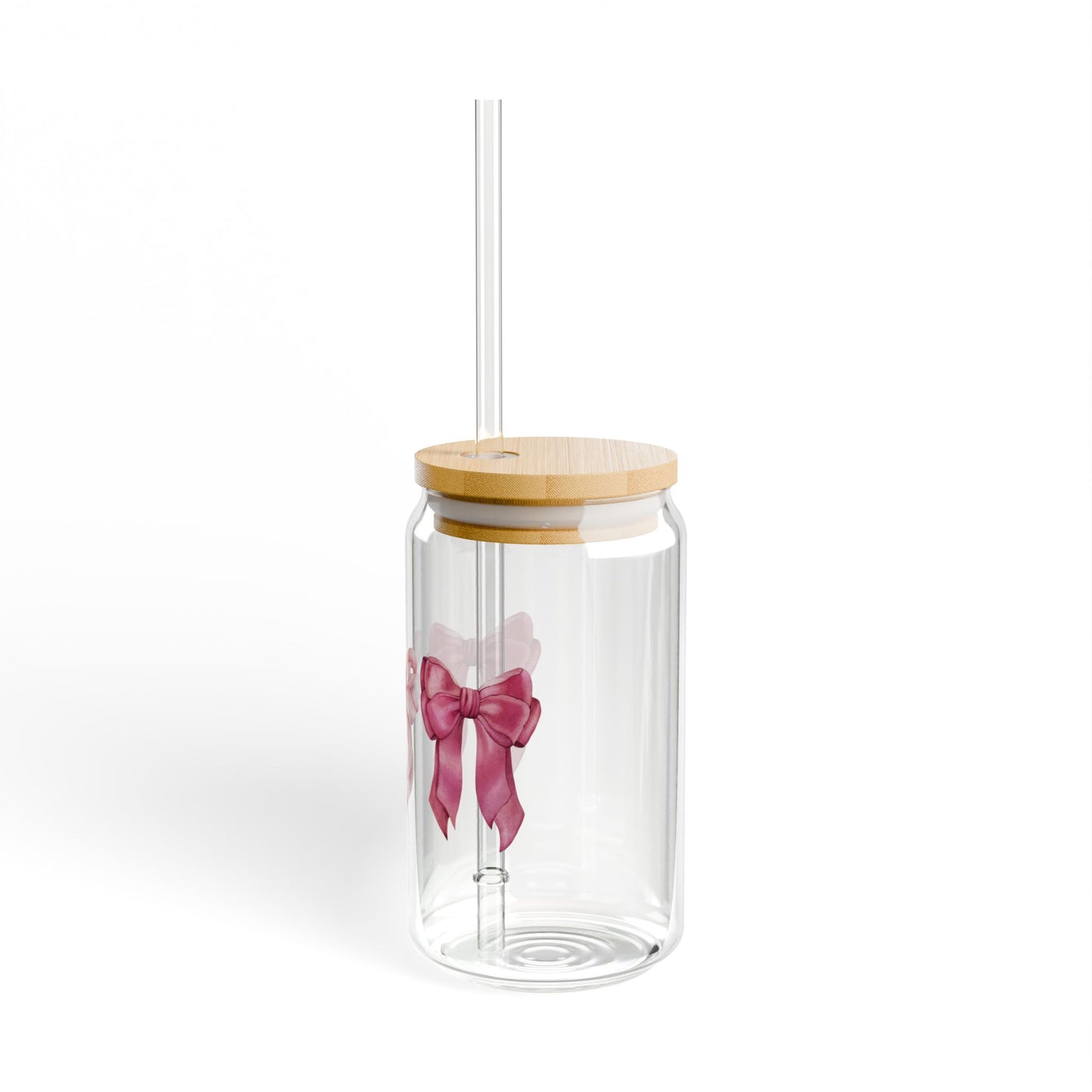 Pink Coquette Bow Glass Can with Lid and Straw