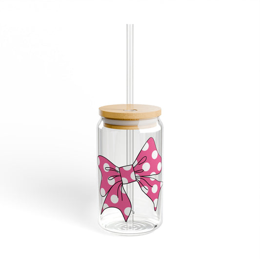 Pink Polka Dot Bow 16oz Glass Can with Lid and Straw
