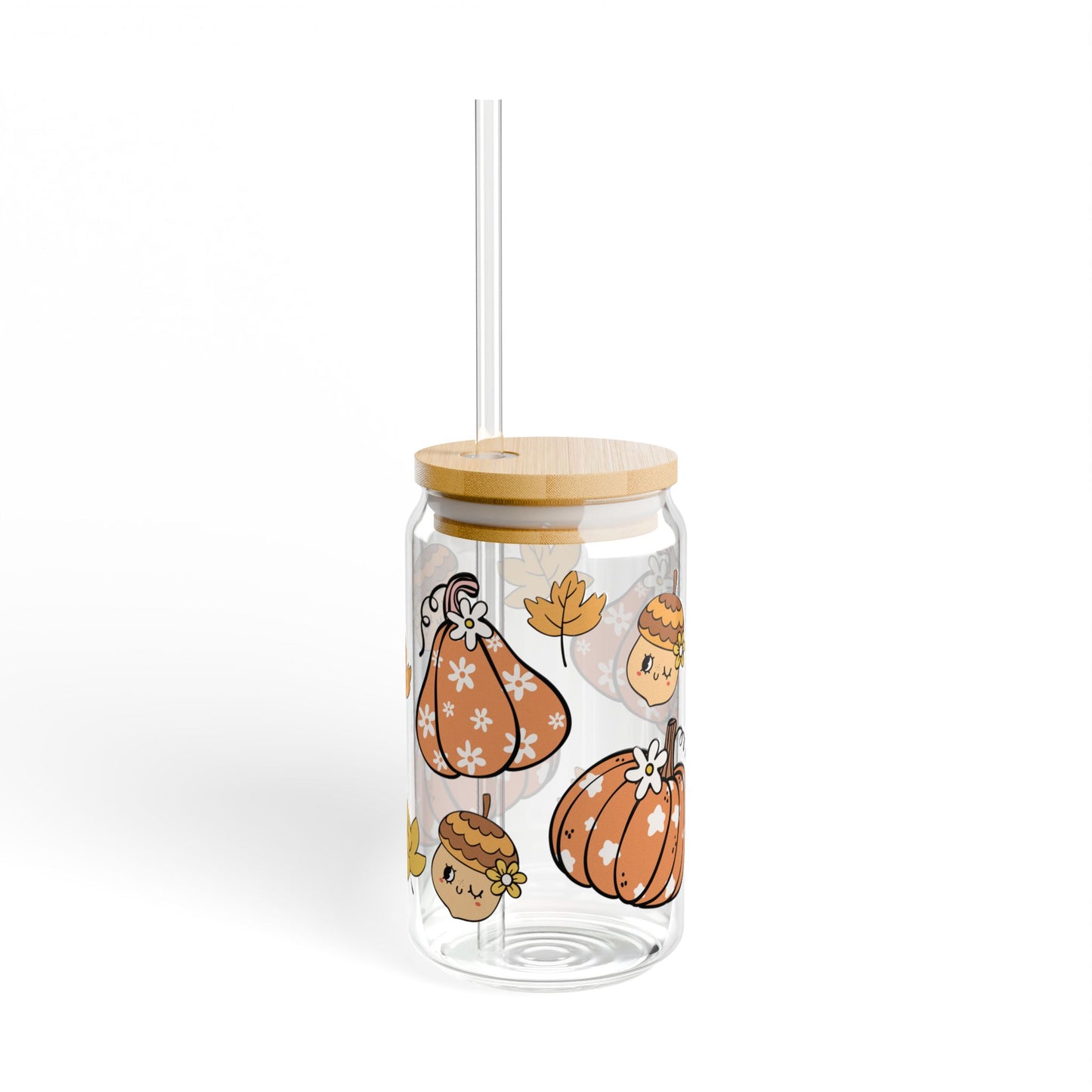 Pumpkin Fall 16oz Glass Can with Lid and Straw